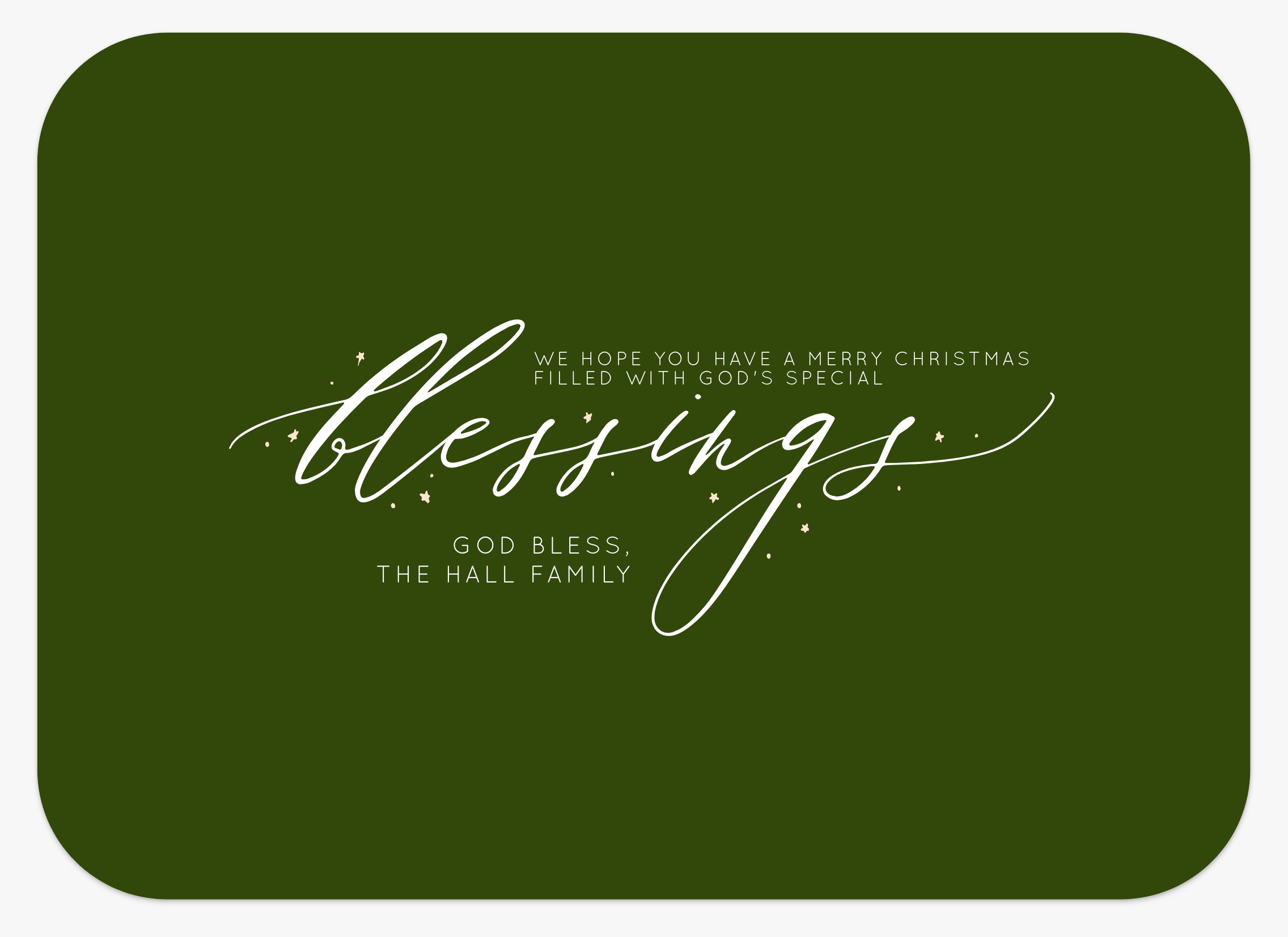 Screenshot of the back of a family photo Christmas card with the words "We hope you have a merry Christmas filled with God's special blessings."