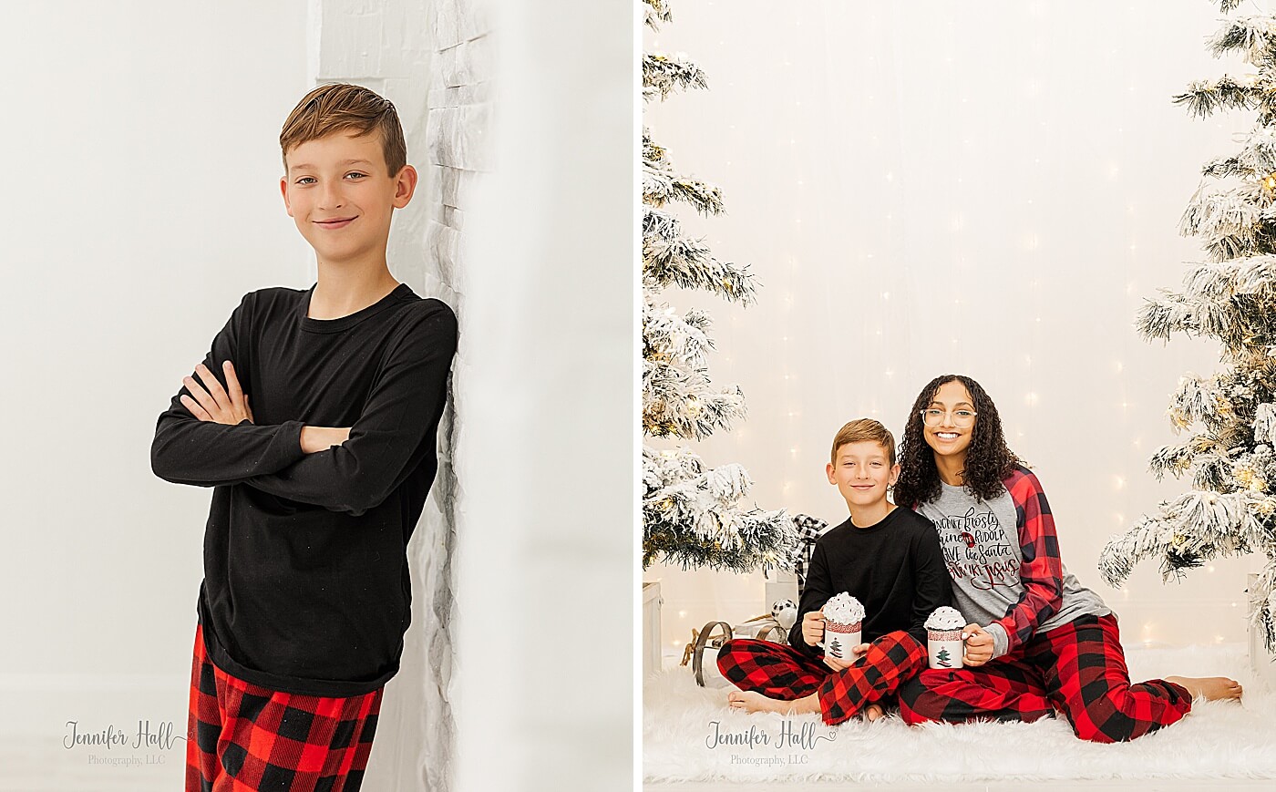 Boy standing by a white brick wall, and a brother and sister sitting on a white rug with hot cocoa mugs.