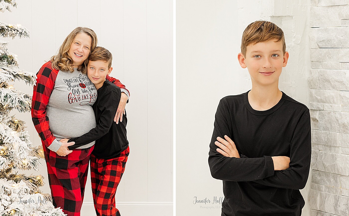 Girl standing with a boy by a snowy Christmas tree, and a boy standing by a white barn beam indoors.