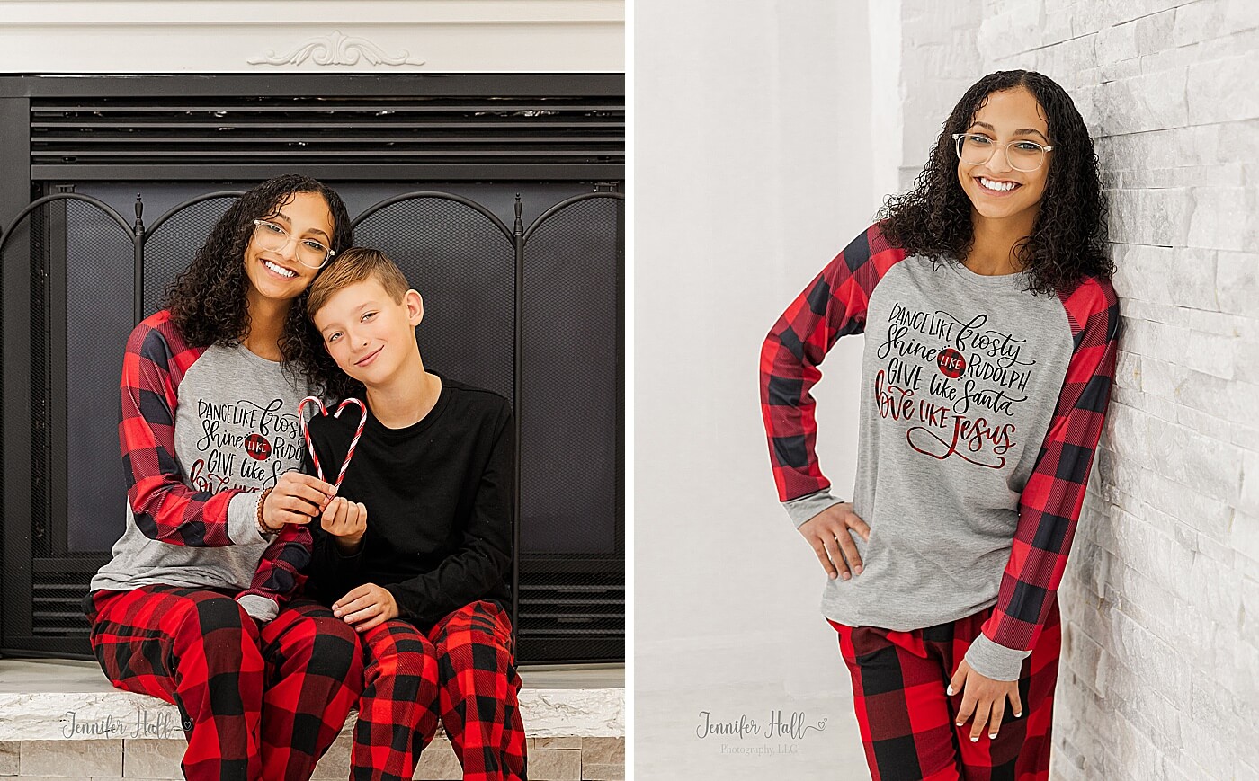 Brother and sister sitting by a fireplace with candy canes forming a heart, and a girl standing by a white brick wall.