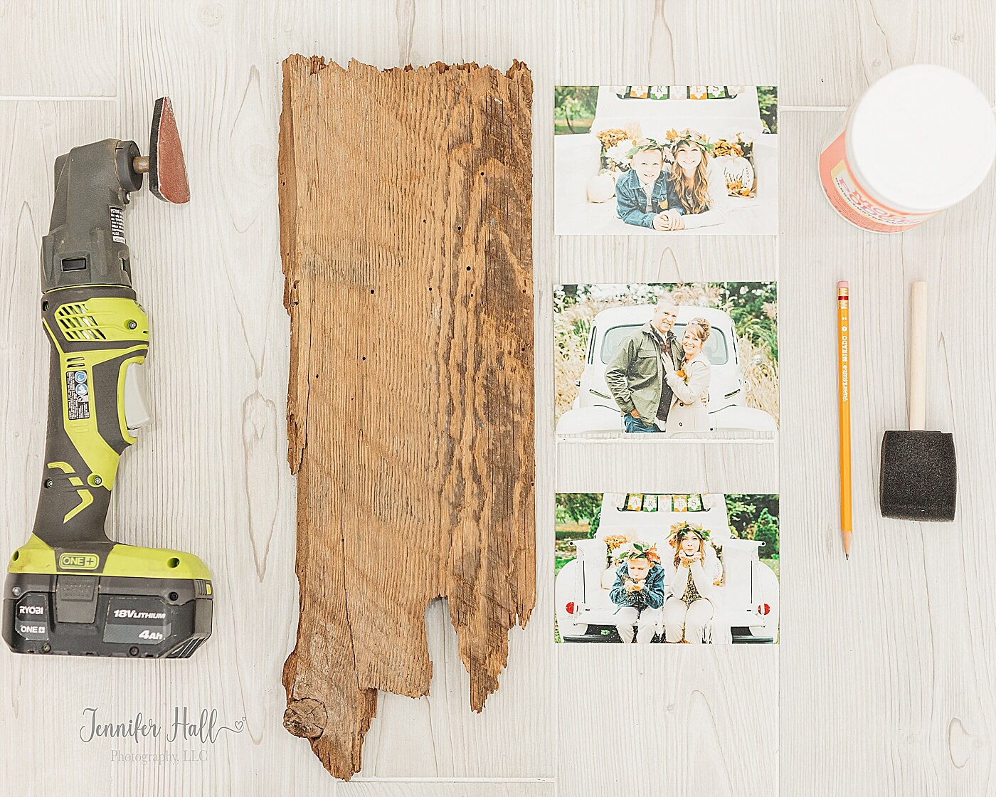 Materials needed to make a wooden photo board for to give as a Christmas gift.