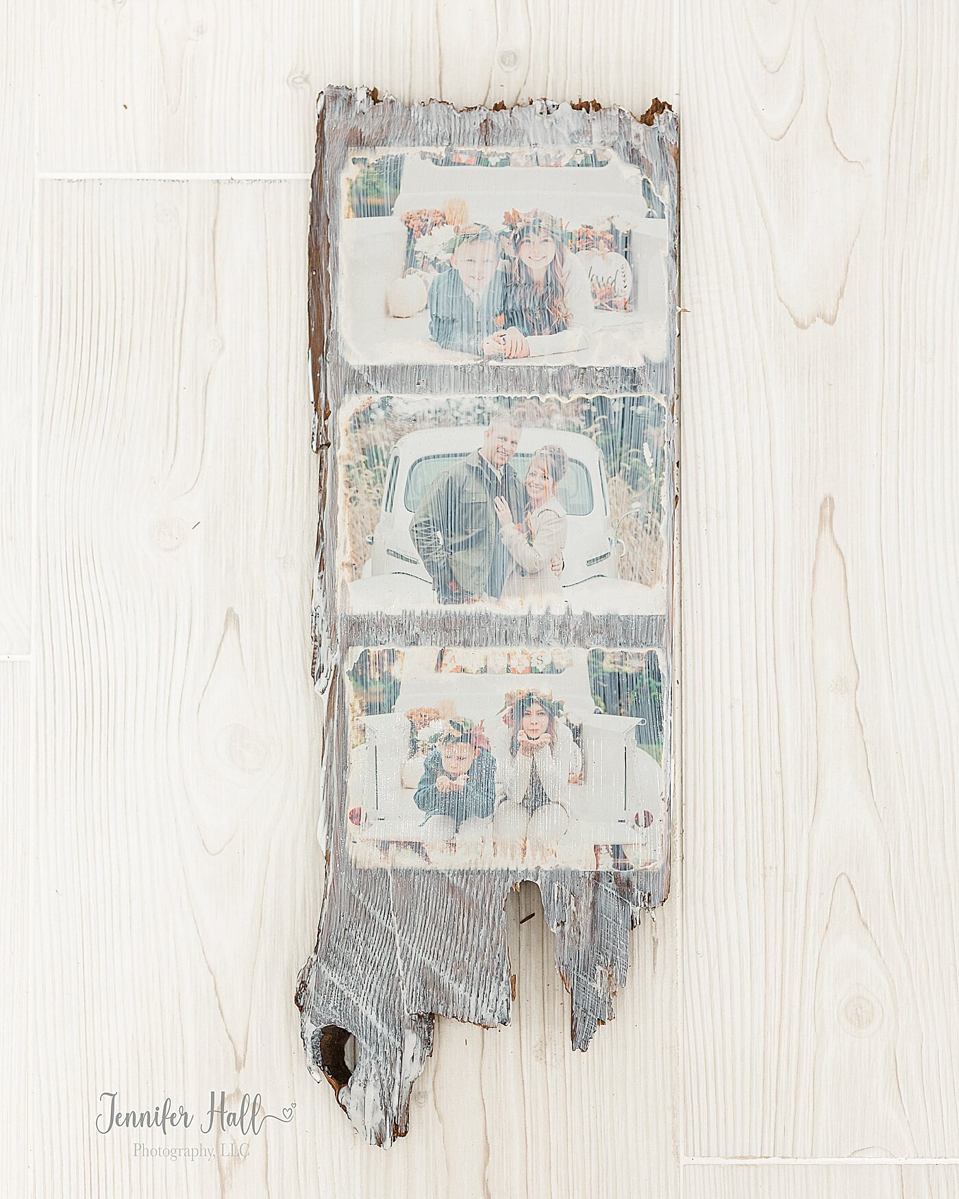 Wooden photo board covered in Mod Podge to seal the pictures and make the board shiny.