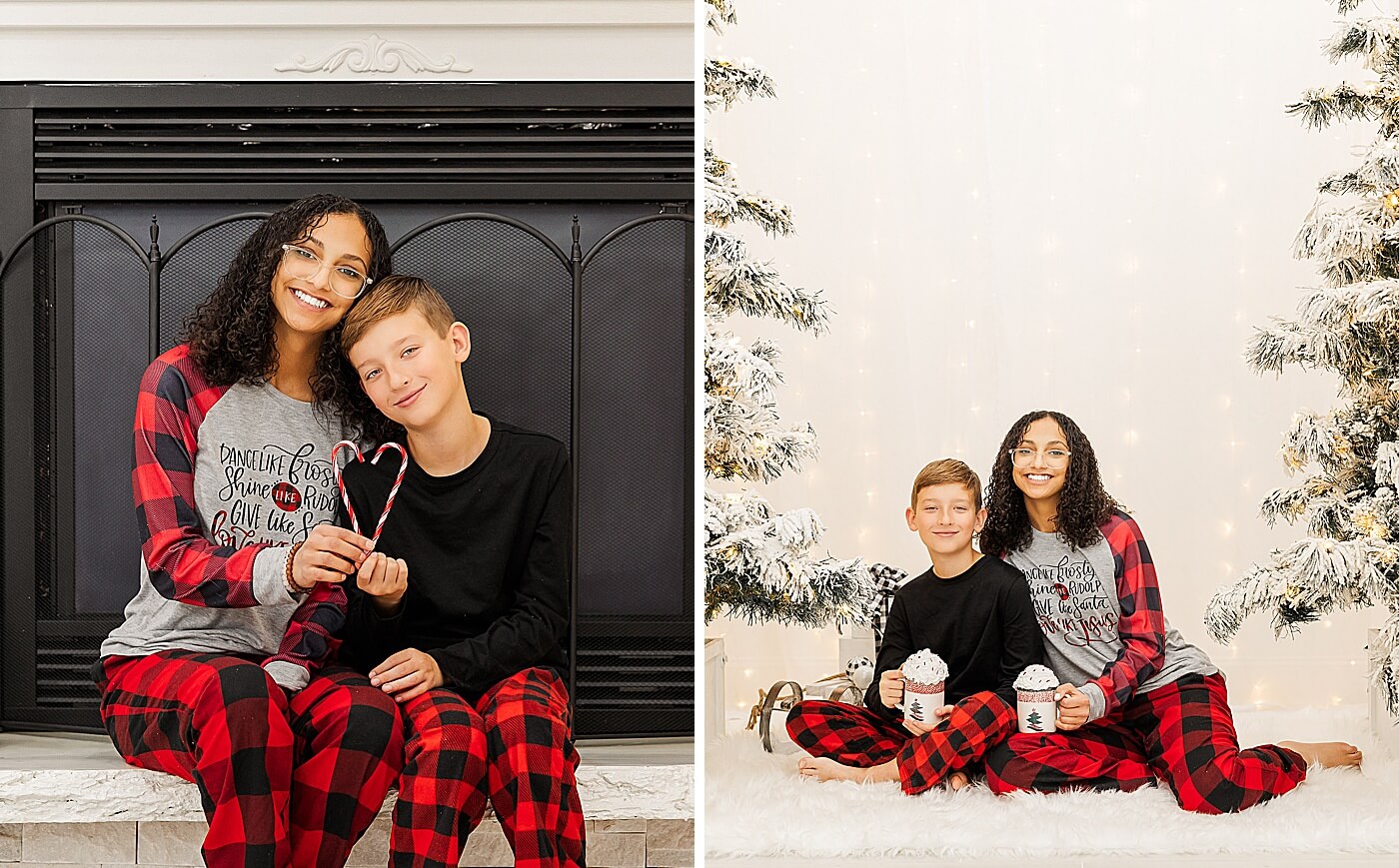 Brother and sister sitting by a fireplace with candy canes and standing by Christmas trees with hot cocoa mugs to show Christmas pictures for a year-end review. 