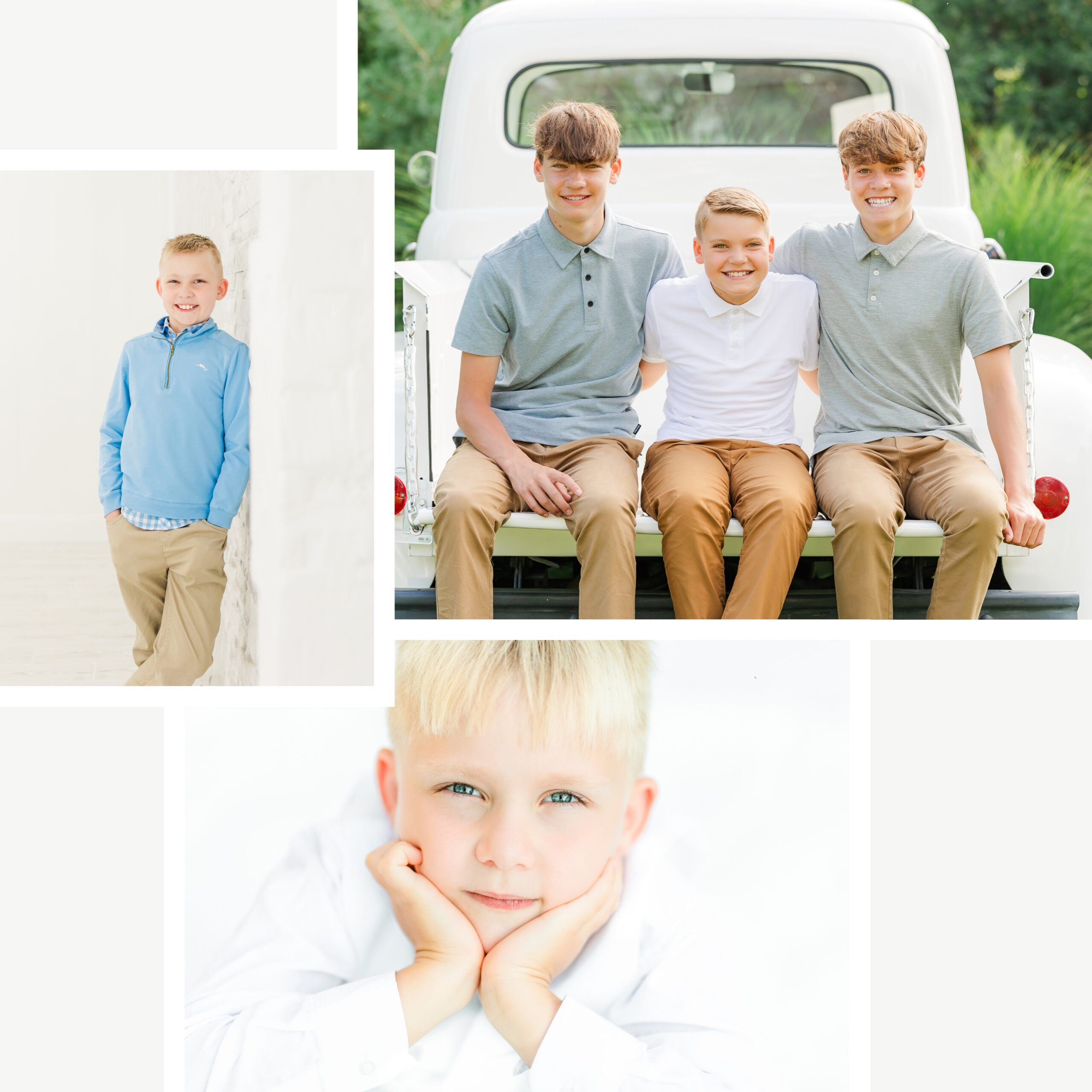 Boys in light, neutral white, powder blue, or sage outfits indoors, outdoors, or on a blanket for family portrait session outfit ideas for styling boys.