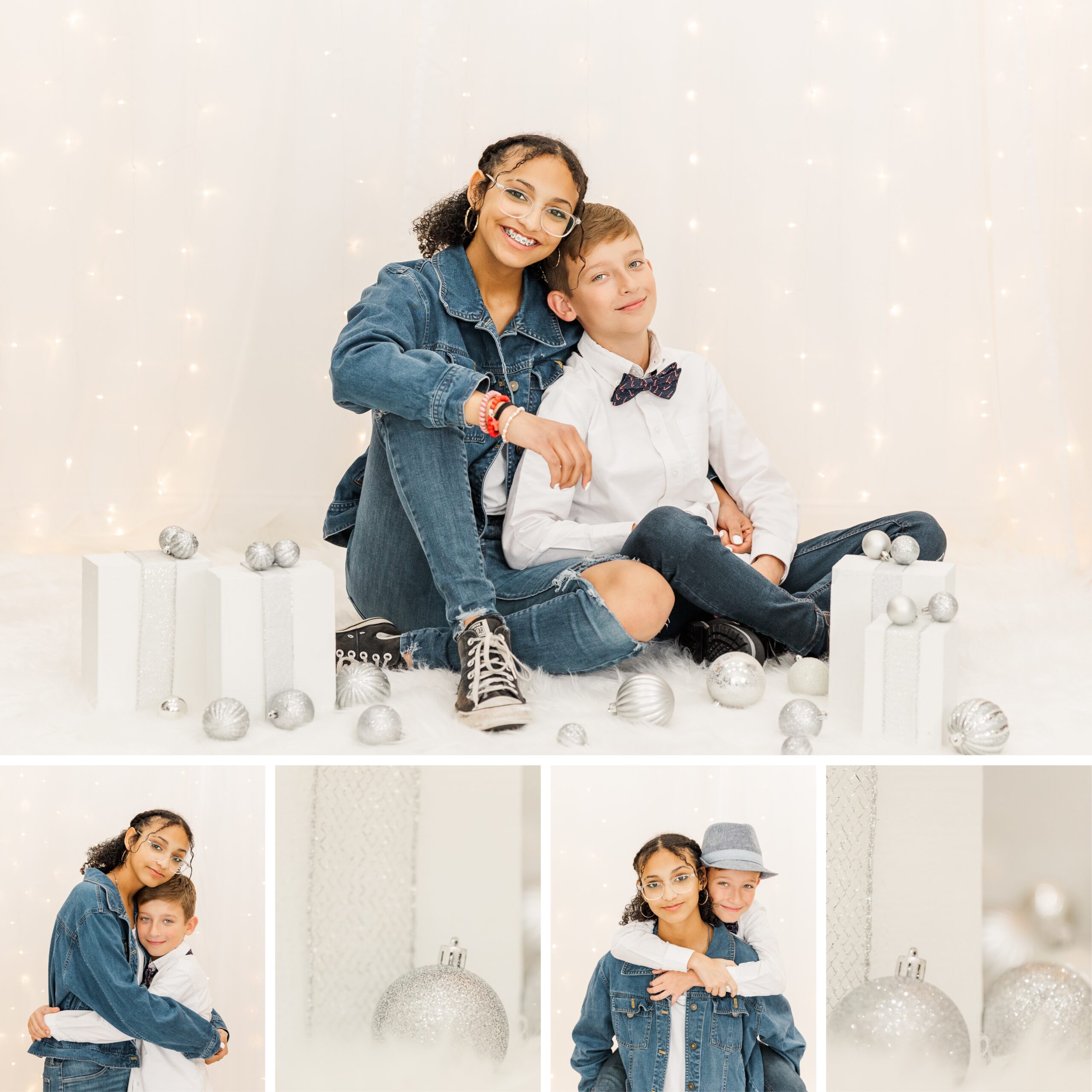 Kids sitting on a white rug and standing by a light wall for Christmas family portraits in a North East, PA, white portrait studio.