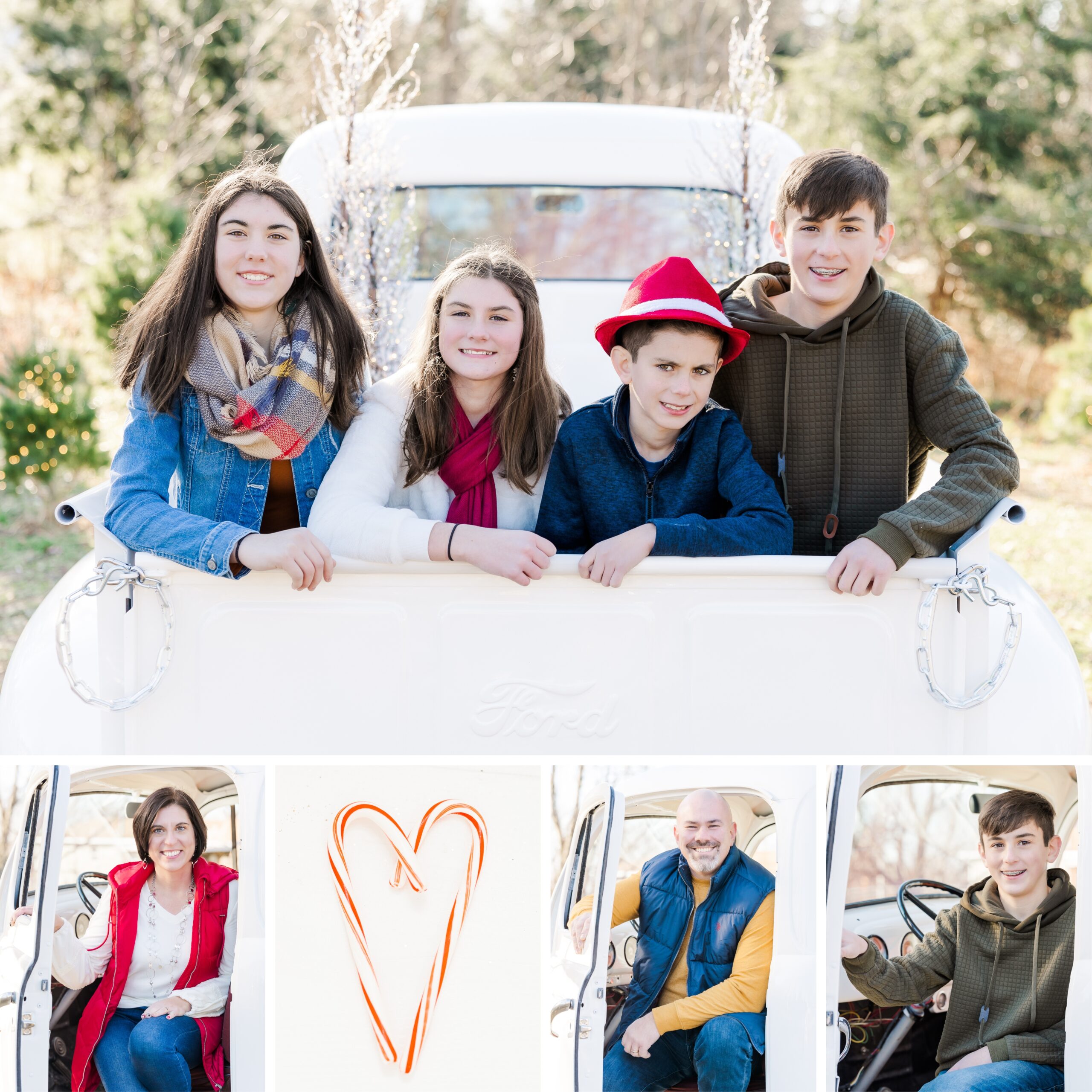 Family and kids sitting in a white truck for a Christmas truck family photo session in North East, PA.