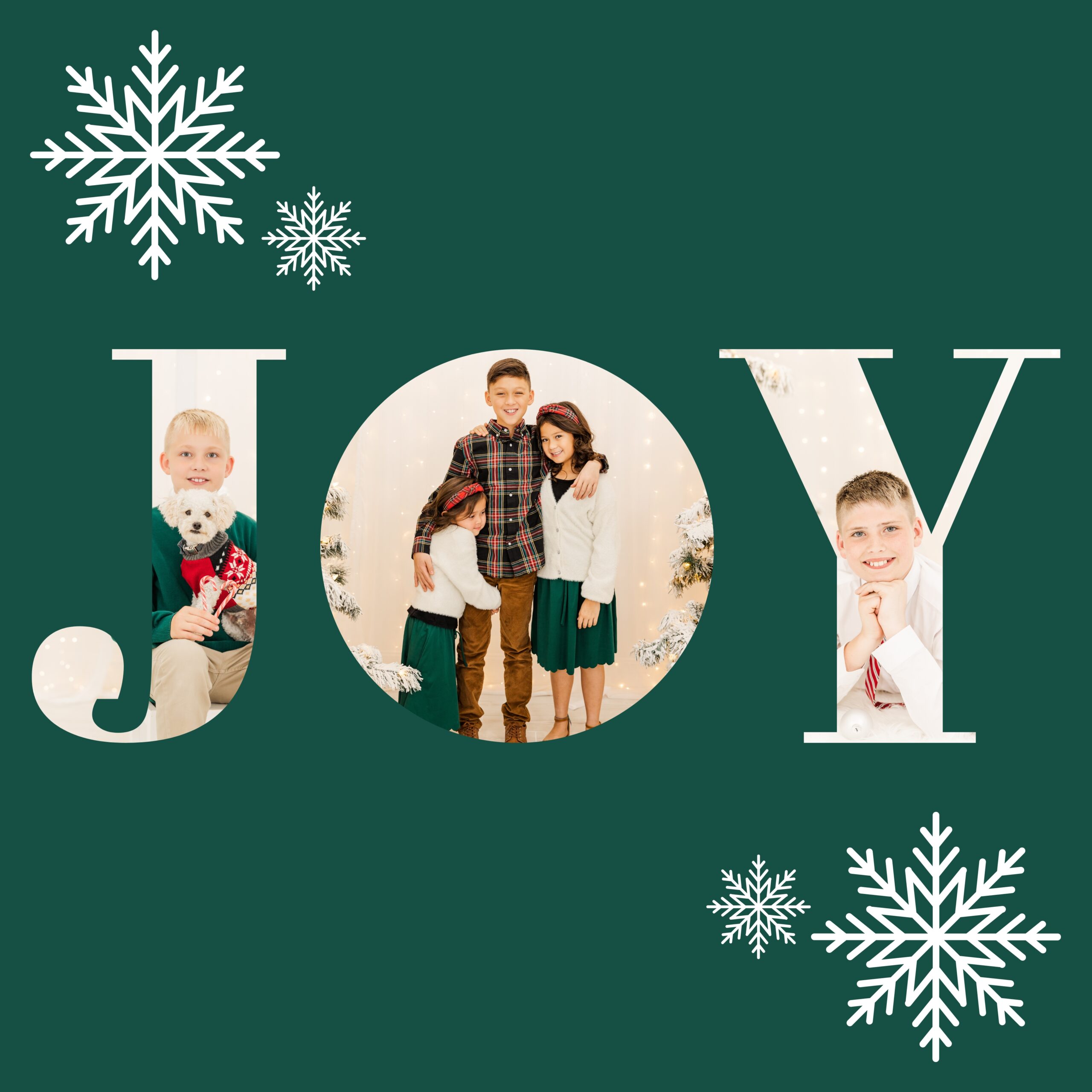 Kids wearing Christmas photo outfits by Christmas trees or lights in the letters "JOY."