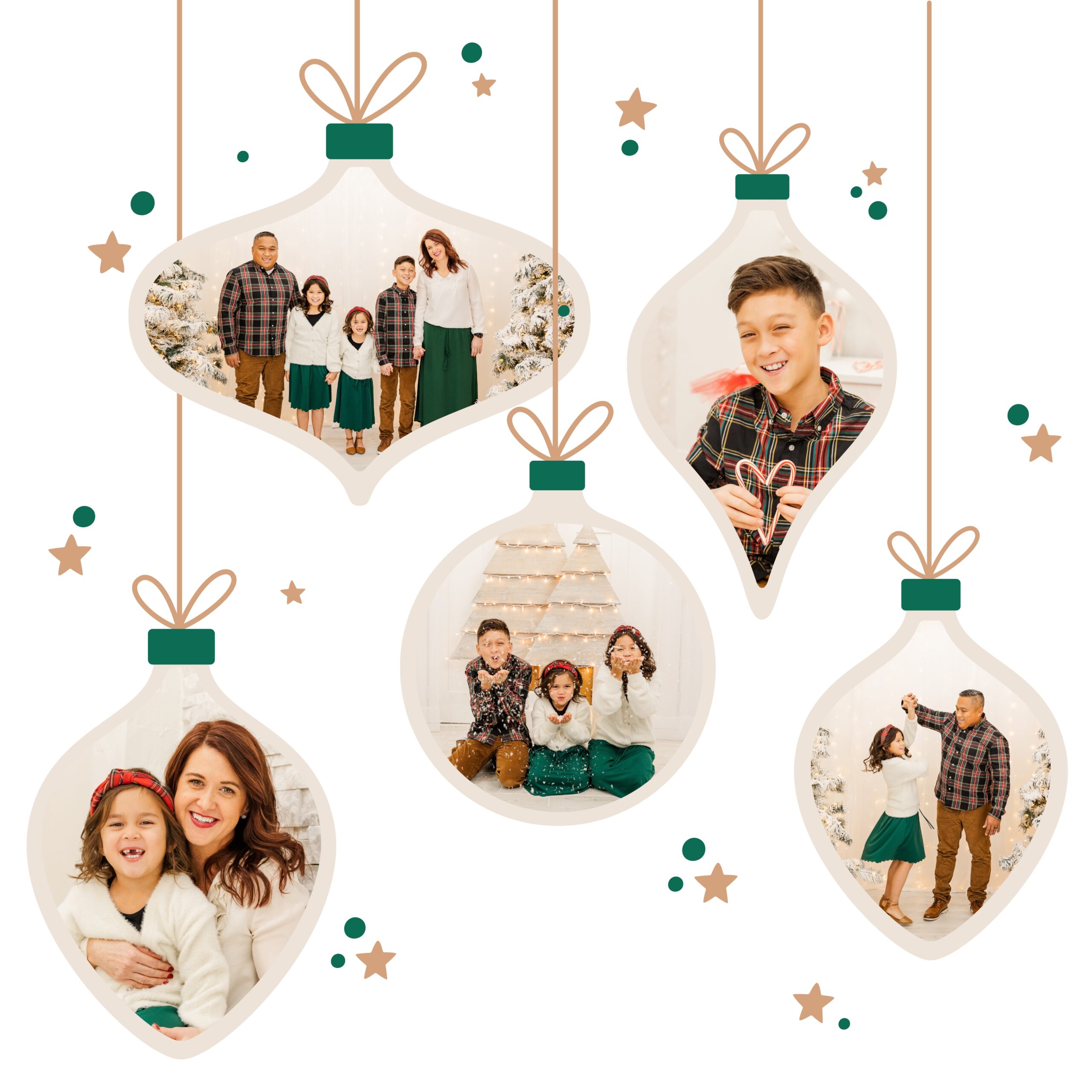 Ornaments with family Christmas photos of a family by Christmas trees, a white wall, or with candy canes in a white indoor studio.