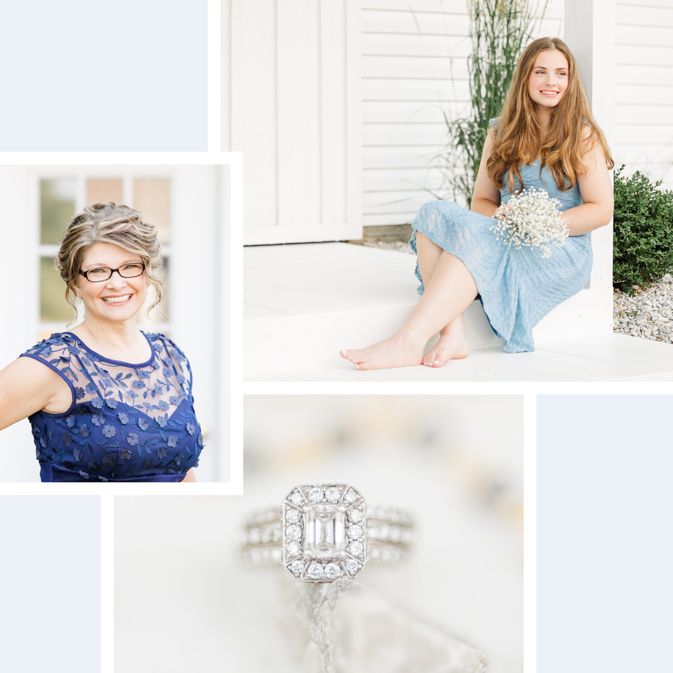 Woman in a navy blue dress, a girl in a light blue dress, and a silver ring on a white stone to show portrait session styling tips for her.