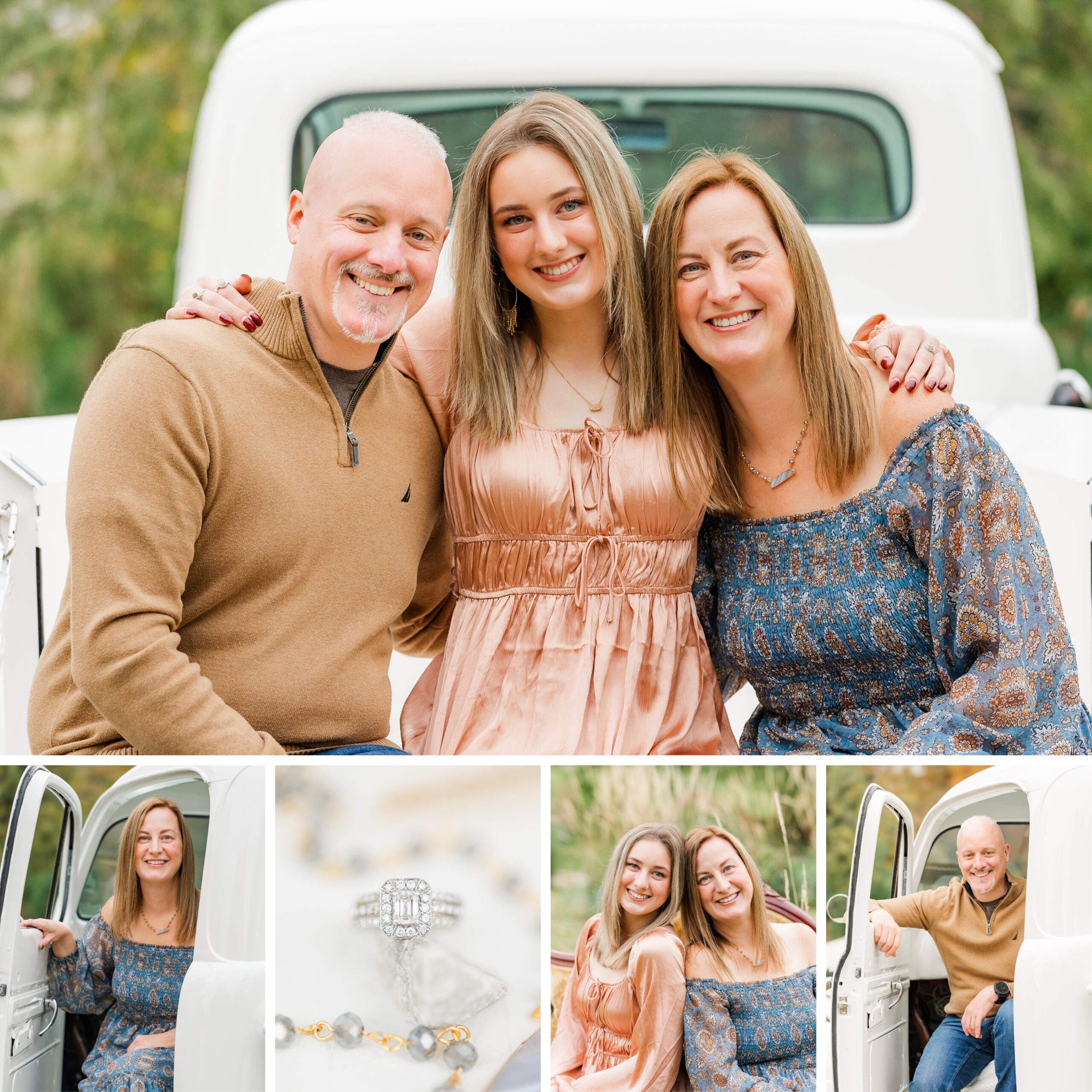 Family sitting together in a vintage truck outdoors for a fall family photo session in North East, PA.