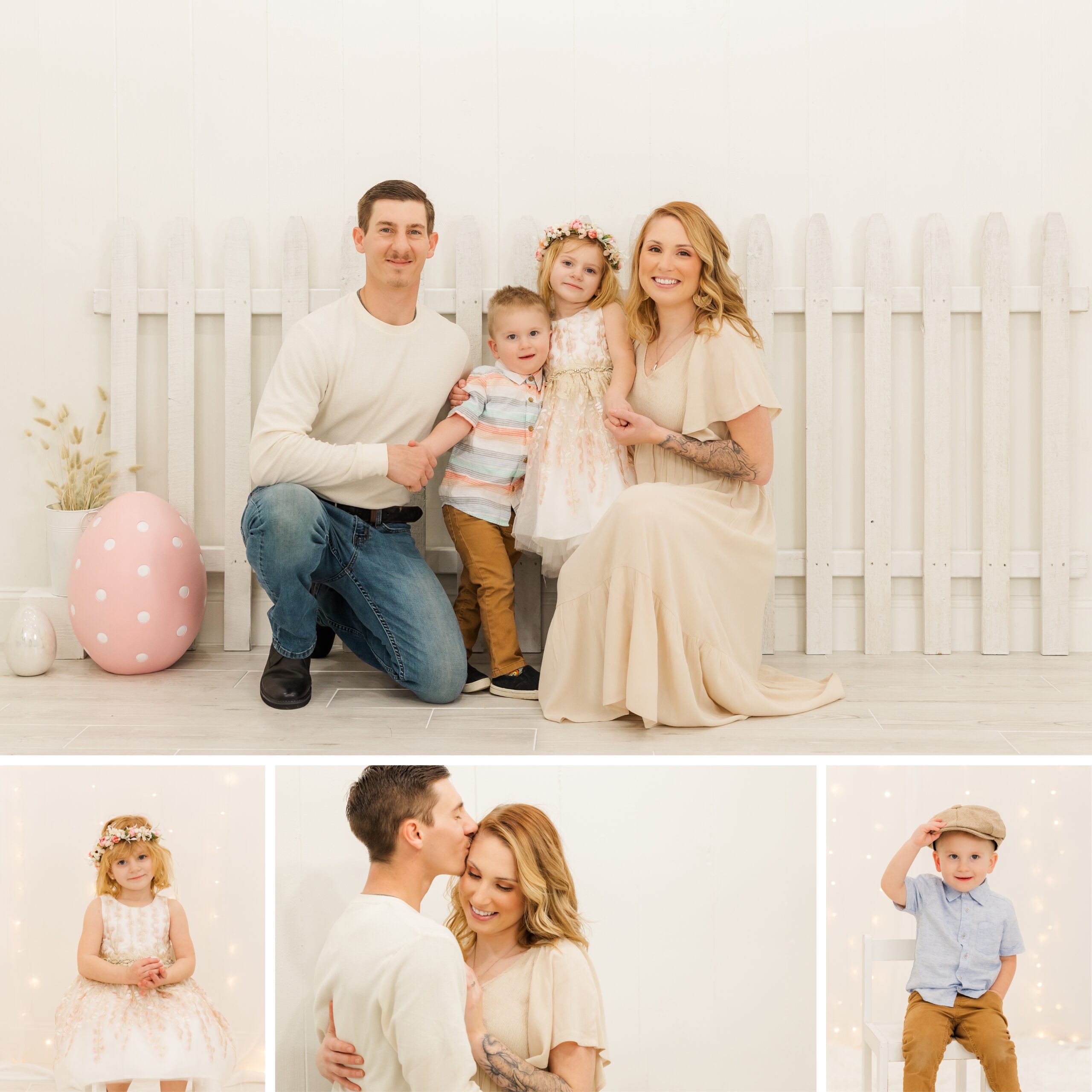 Family squatting by a fence with Easter décor and family members by a white wall for family studio Easter photography near Erie, PA.