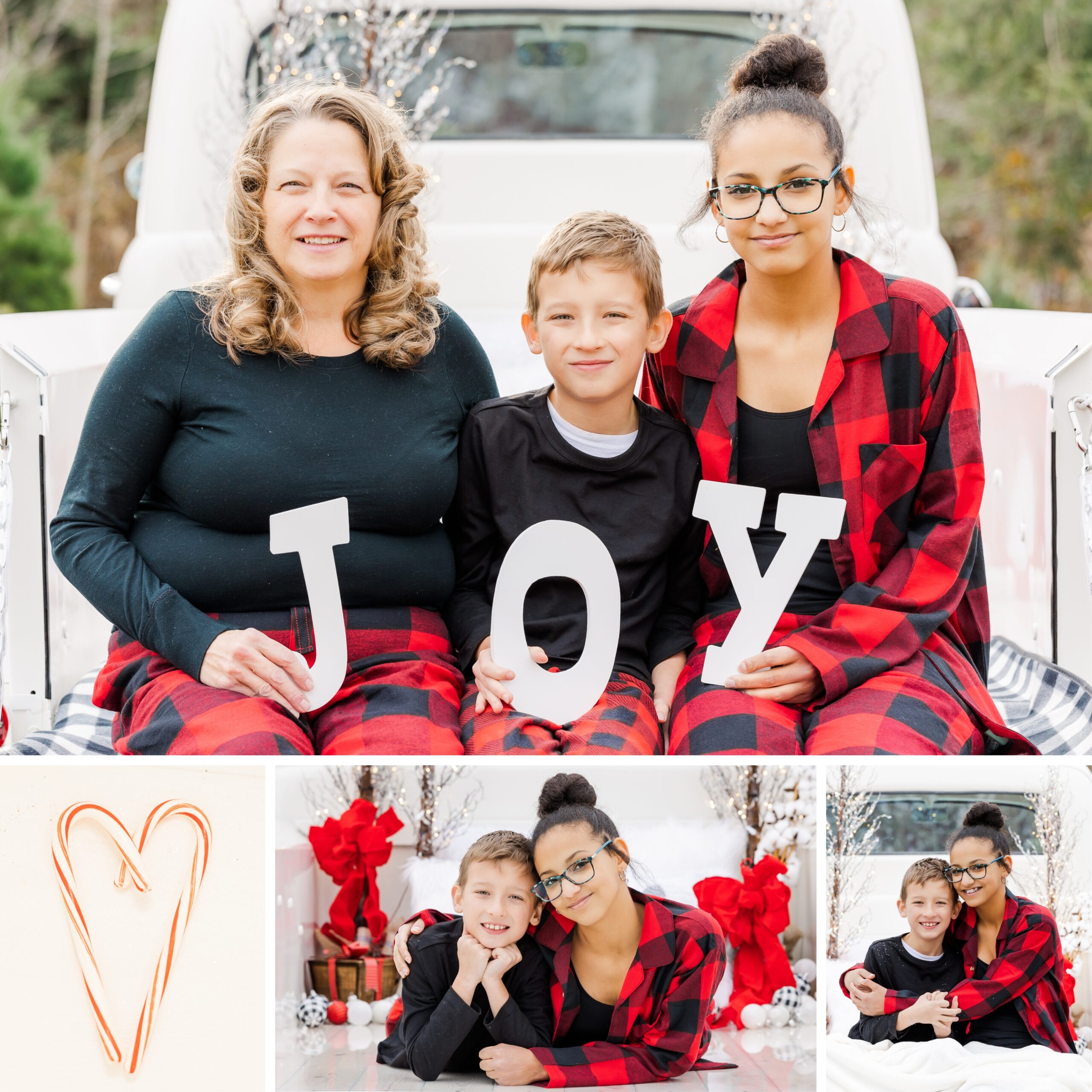 Family sitting together in a white Christmas truck for Christmas truck family photos in North East, PA.