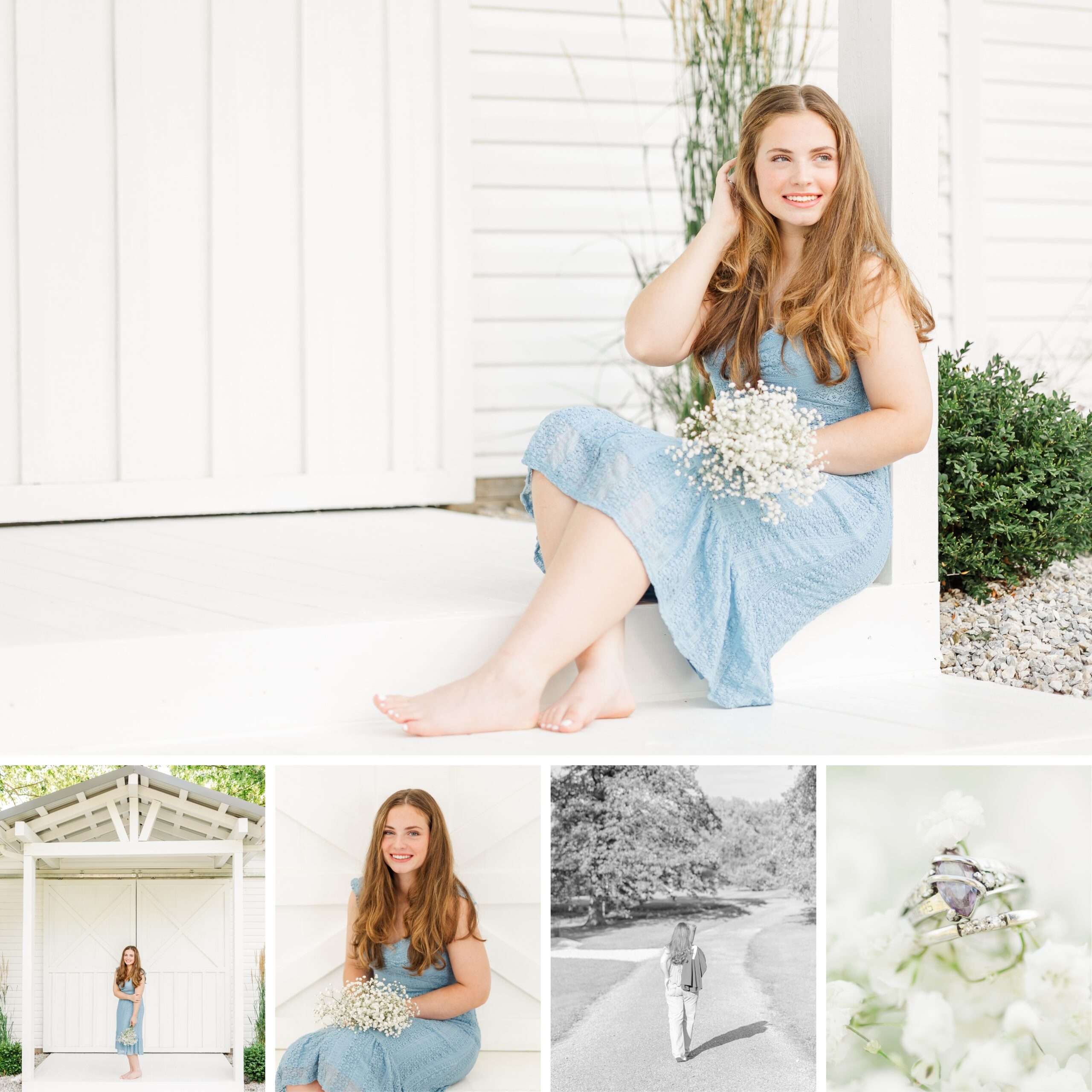 Girl in a white photo studio and outdoors in an “Outside Grand Entrance” or walking for summer senior photos in North East, PA.