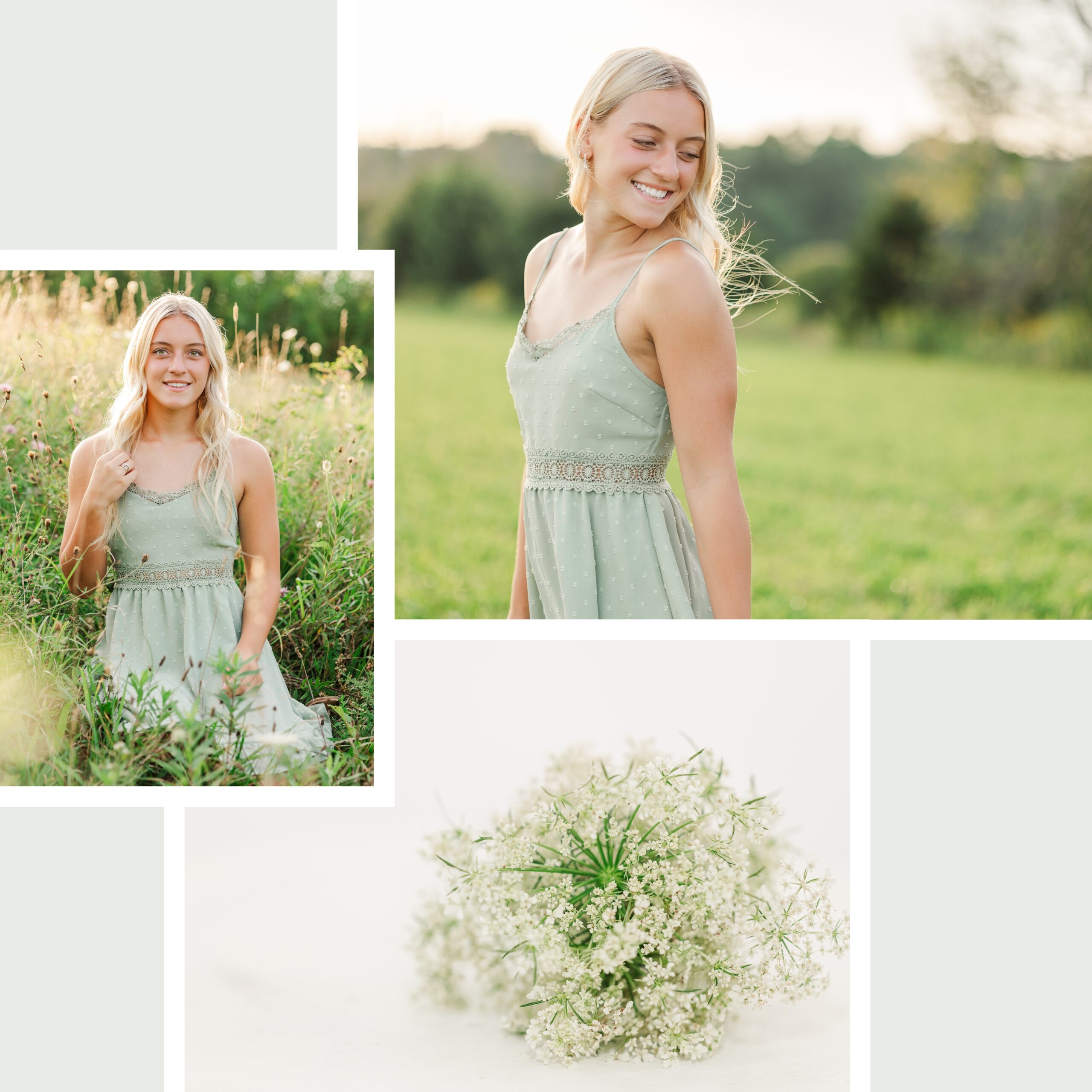 Girl with a sage dress for a girl family photo outfit sitting in flowers and standing in a field outdoors and Queen Anne's Lace.