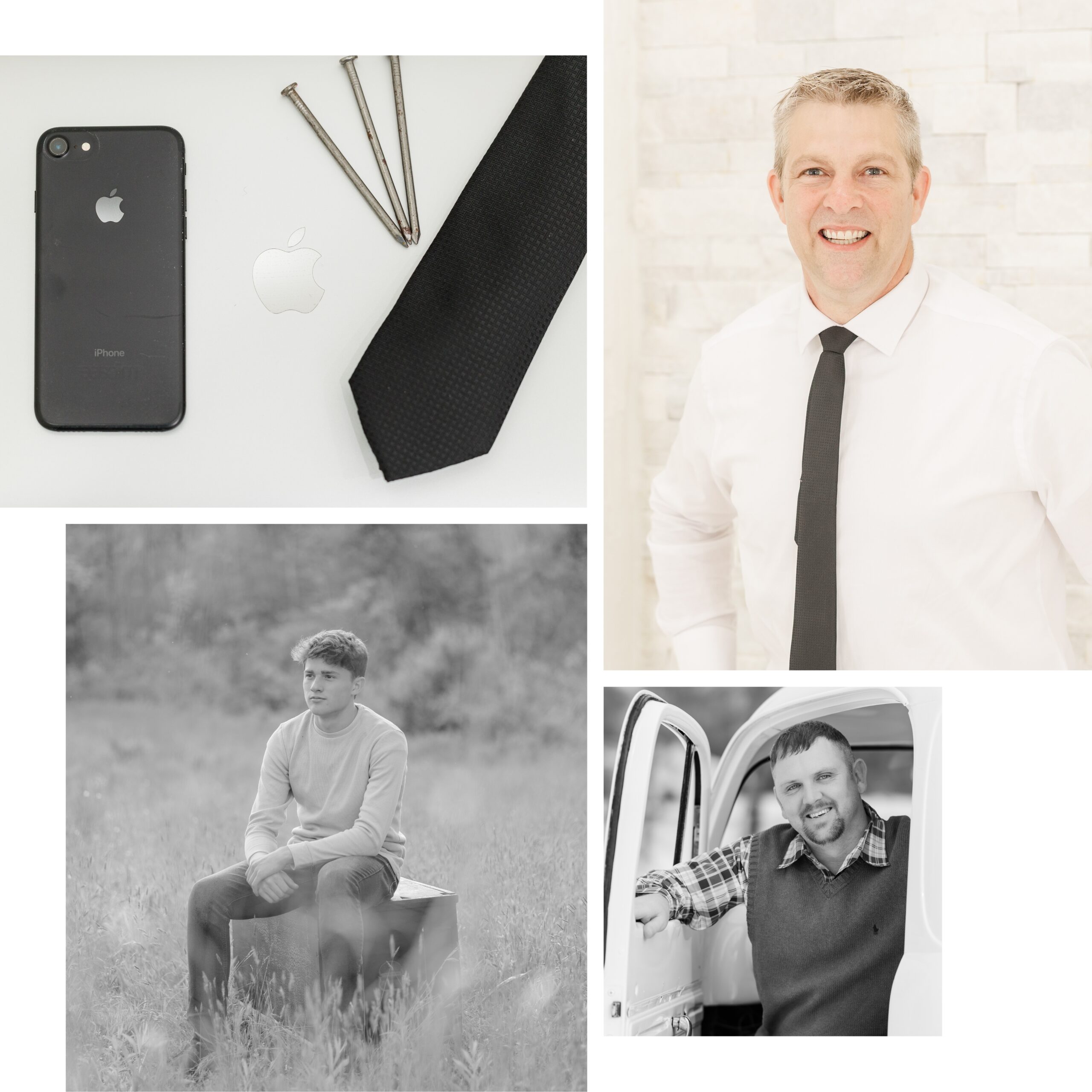 Phone, laptop, tie, and nails for details; a man in a long-sleeved Henley shirt; a man in a collared shirt with a tie; and a man in a large-print plaid, collared shirt with a sweater vest to show men what to wear for family photos.