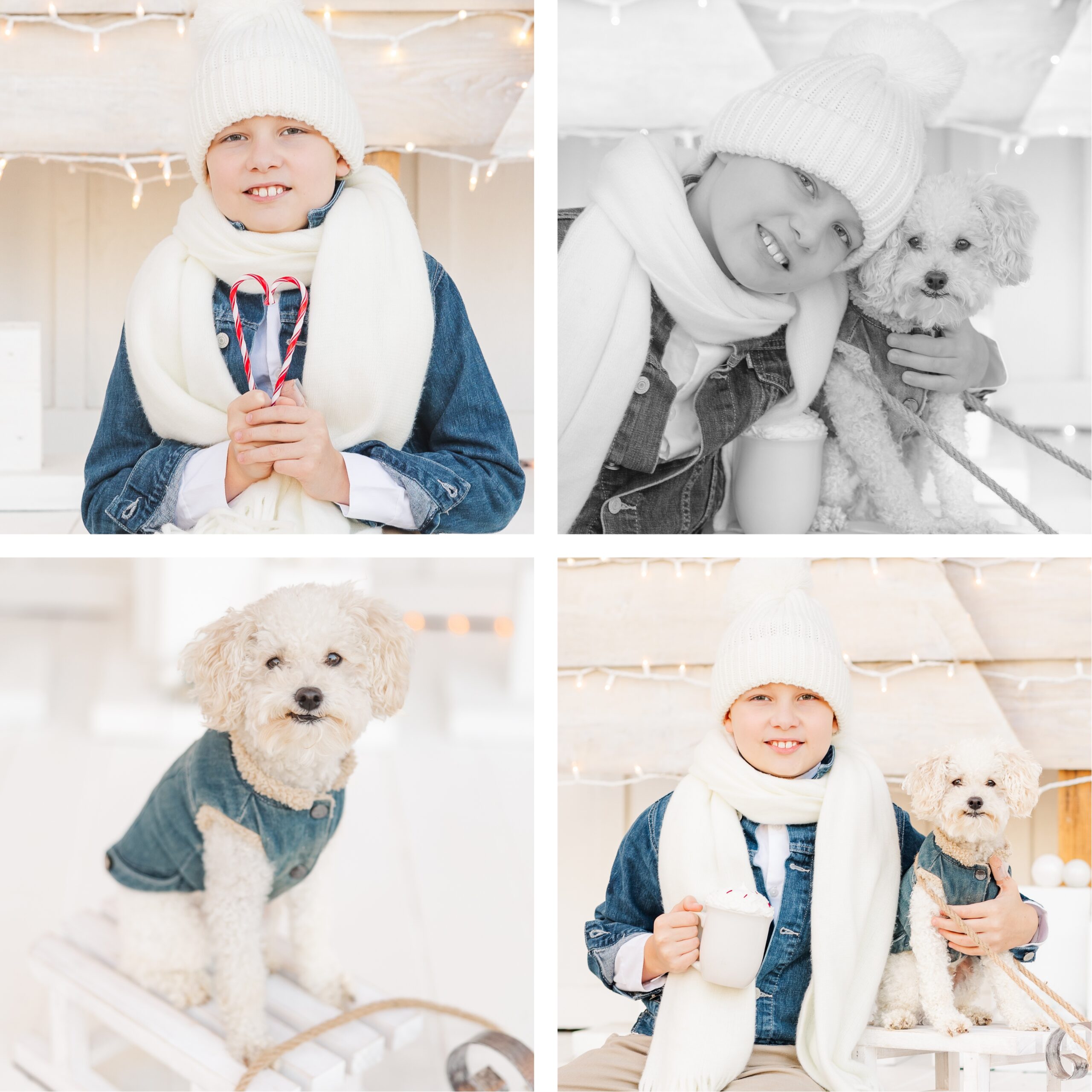 Boy with a winter hat, scarf, candy canes, and hot cocoa mugs for Christmas photos.