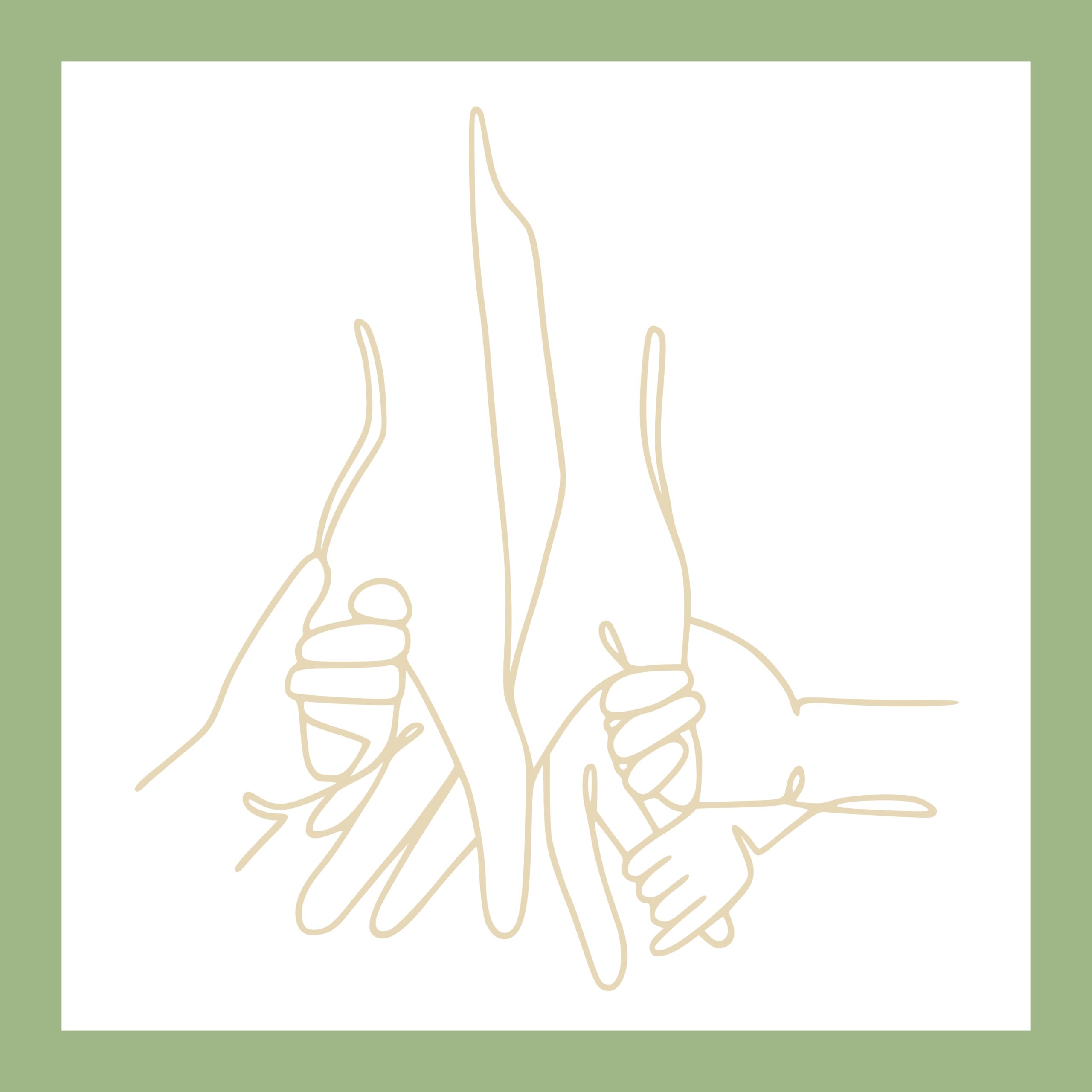 Outline of a family’s hands in a beige color with a green border.