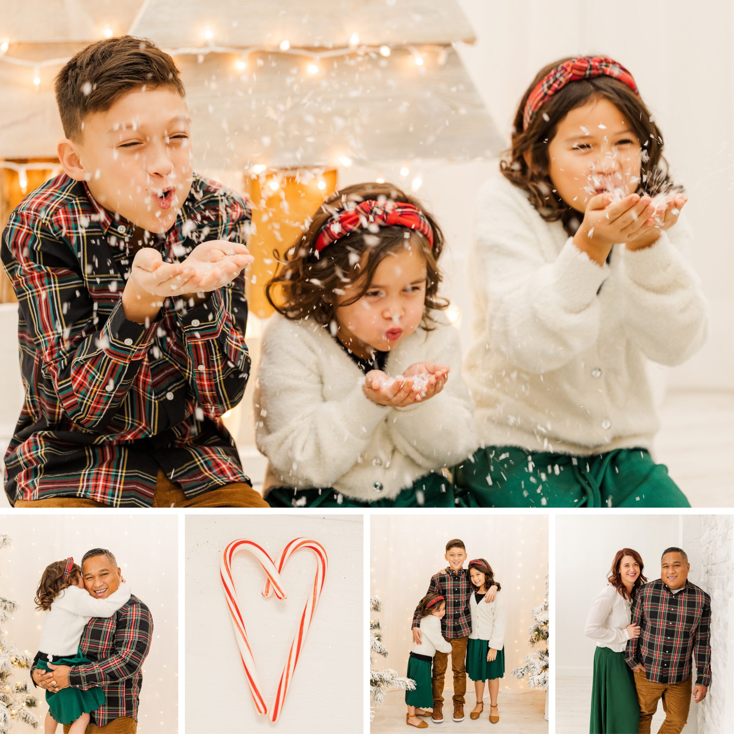 Kids blowing glitter and their family standing in a studio for a Christmas studio family portrait session near Erie, PA.