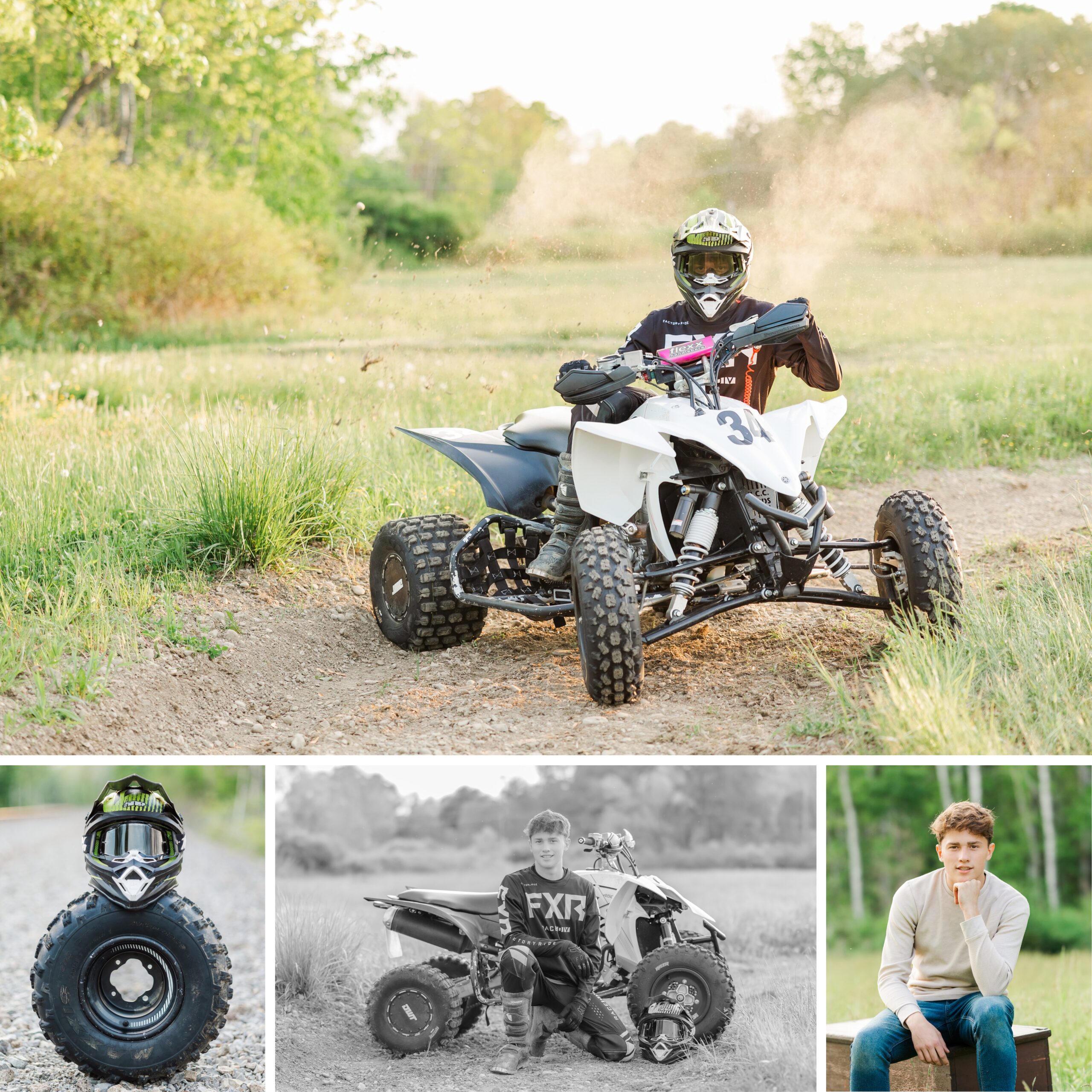 Senior guy on his four-wheeler on a dirt track and on a chest in a grassy field and a tire with a helmet for summer senior pictures in Allegany, New York.