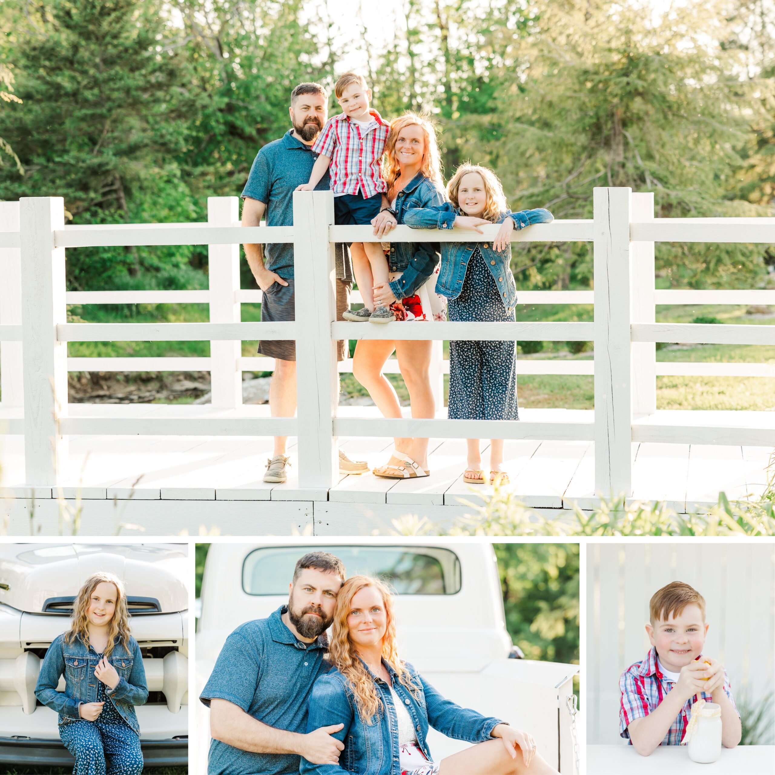 Family standing on a white bridge, and family members in a truck and by a lemonade stand for summer family photos with a vintage truck near Erie, PA.