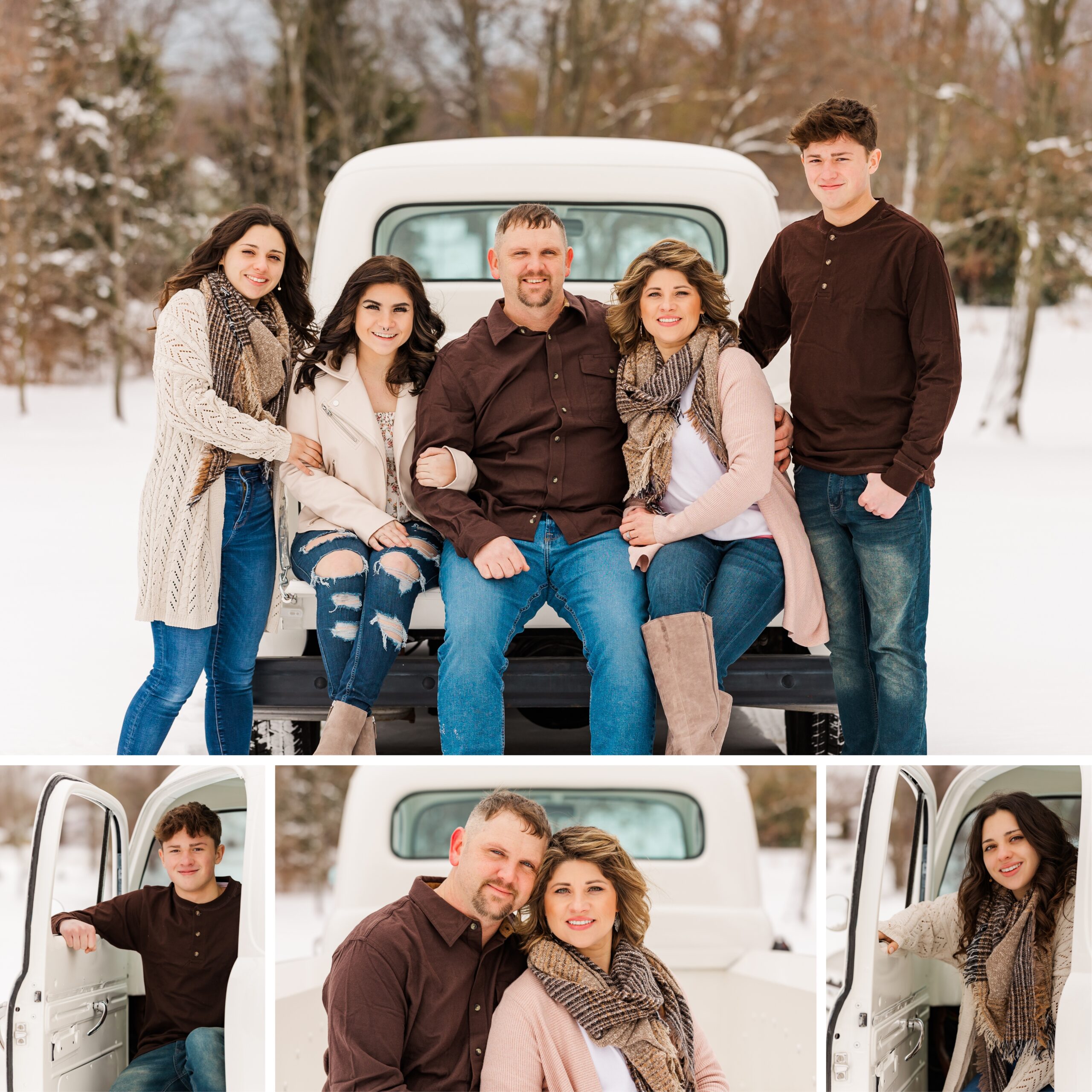 Family sitting in a vintage truck in the snow for white truck family portraits near Erie, PA.