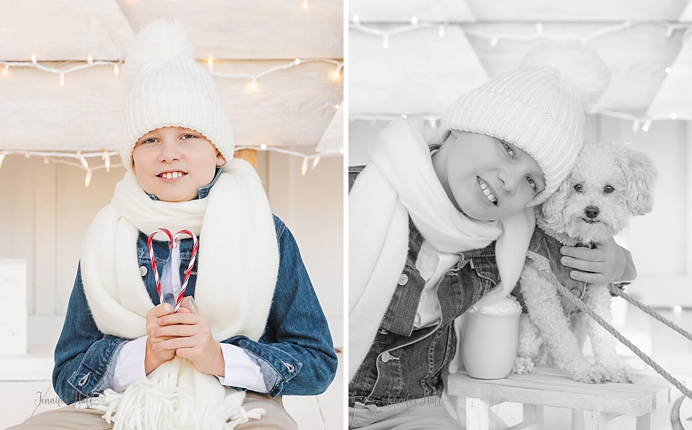 Boy with red and white candy canes, and the boy with a white dog.