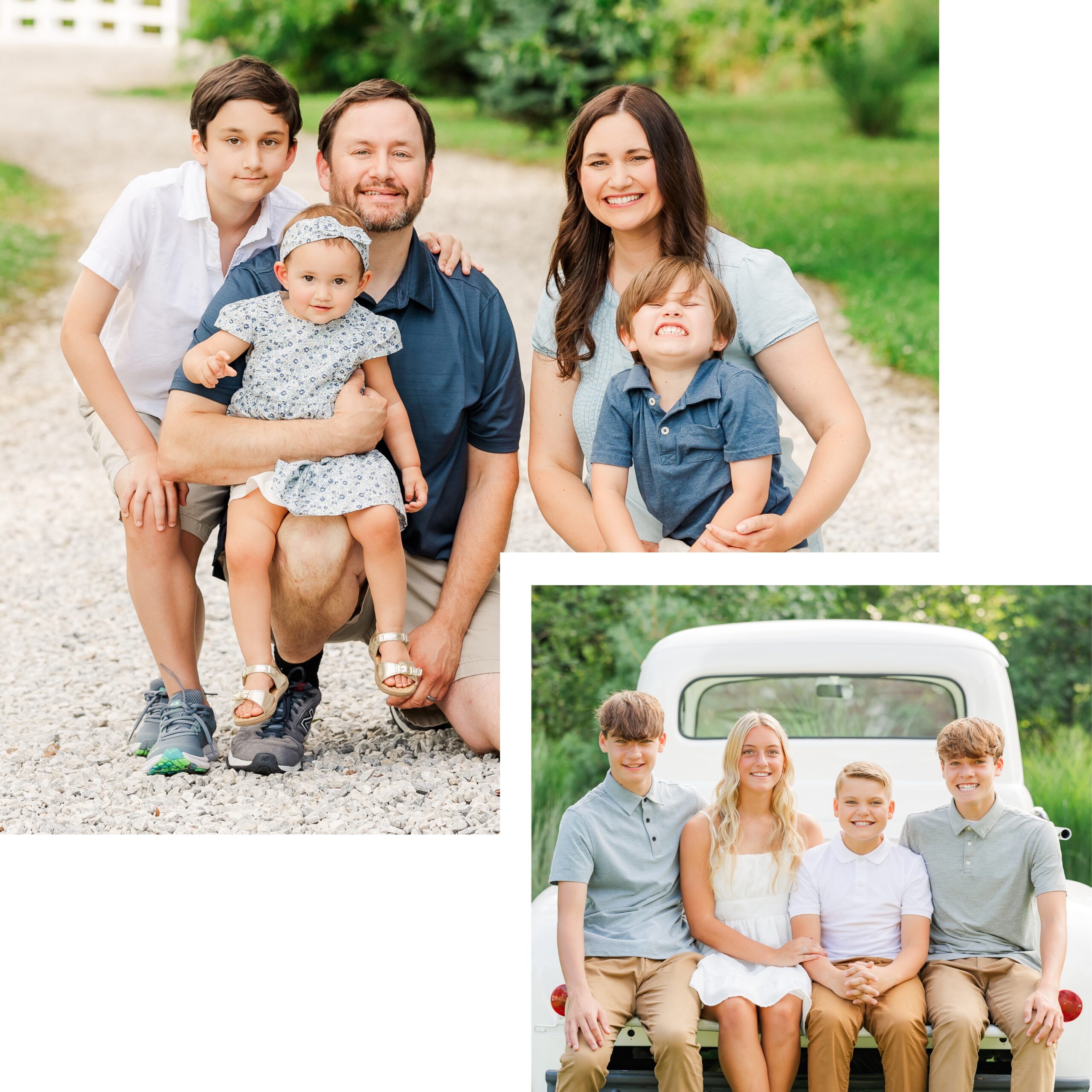 Families with coordinating outfits to show how to prepare for family photos.