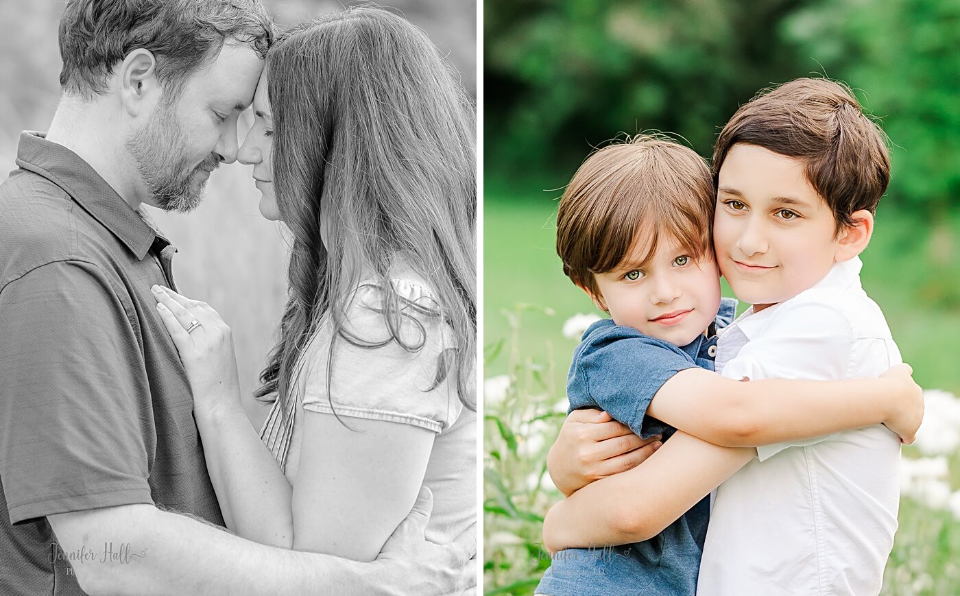 Father and mother with their foreheads together, and their boys hugging each other.