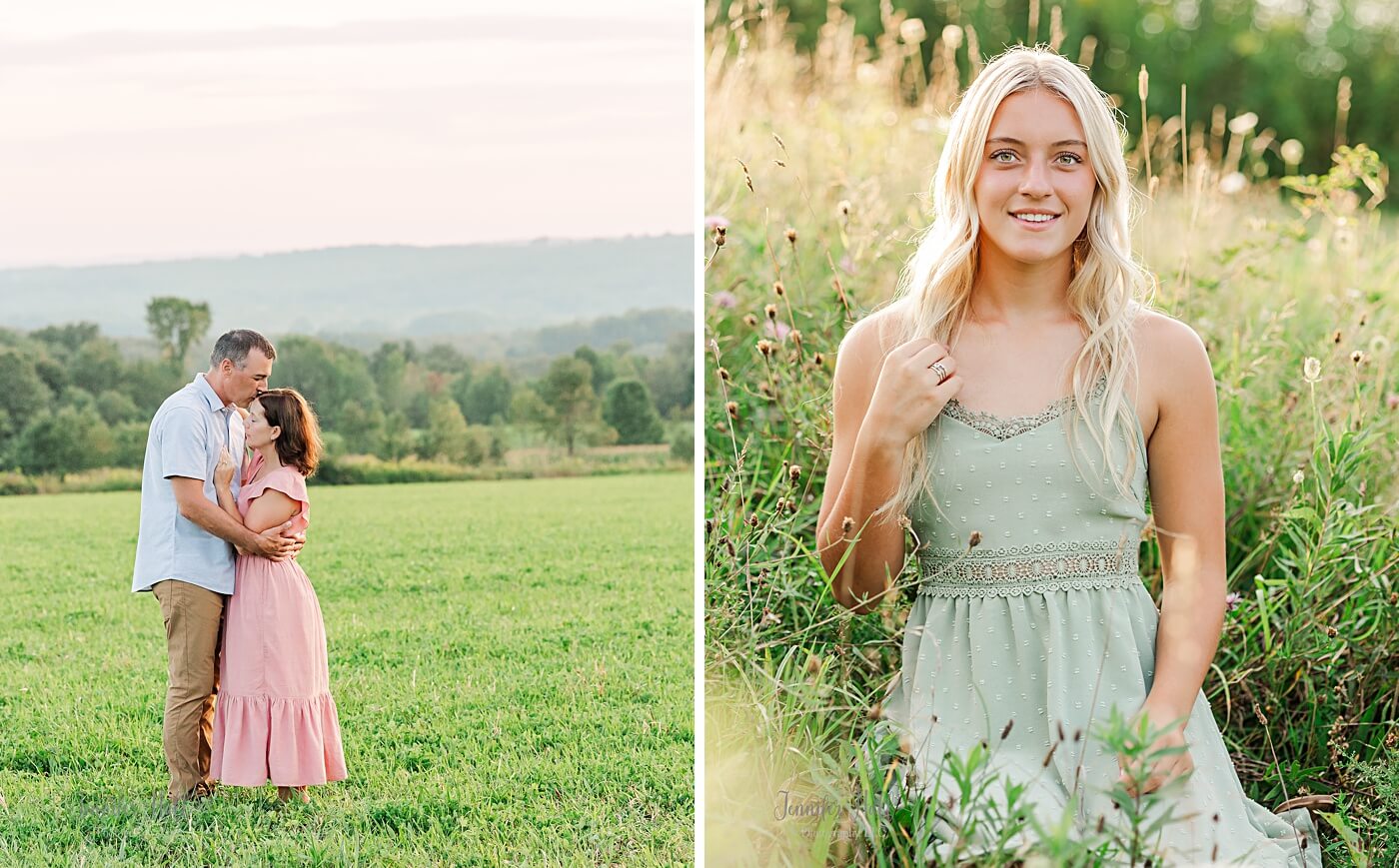 Father and mother standing in a field, and their daughter sitting in the long grass.