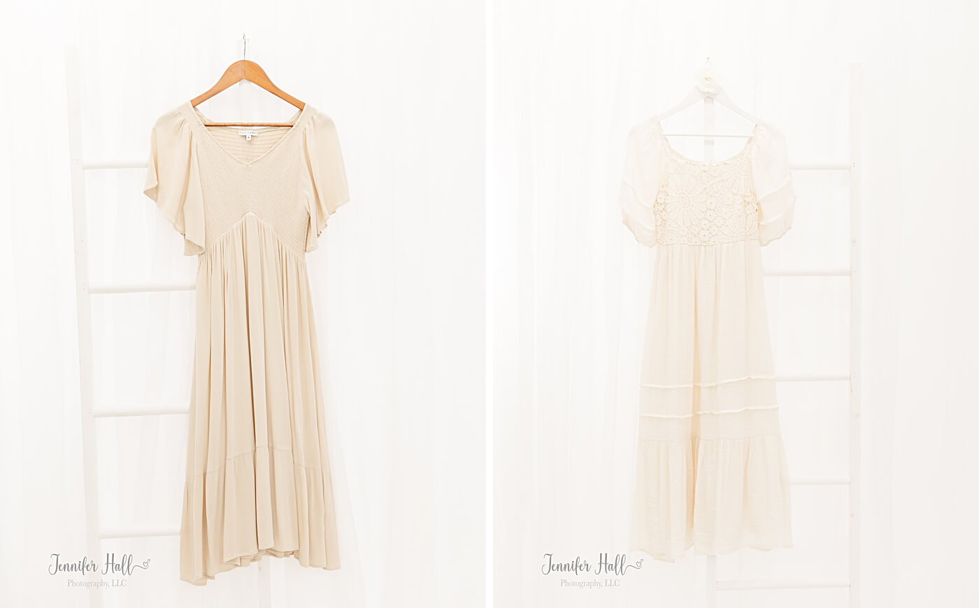 Beige dress on a white ladder, and a cream dress hanging up indoors.