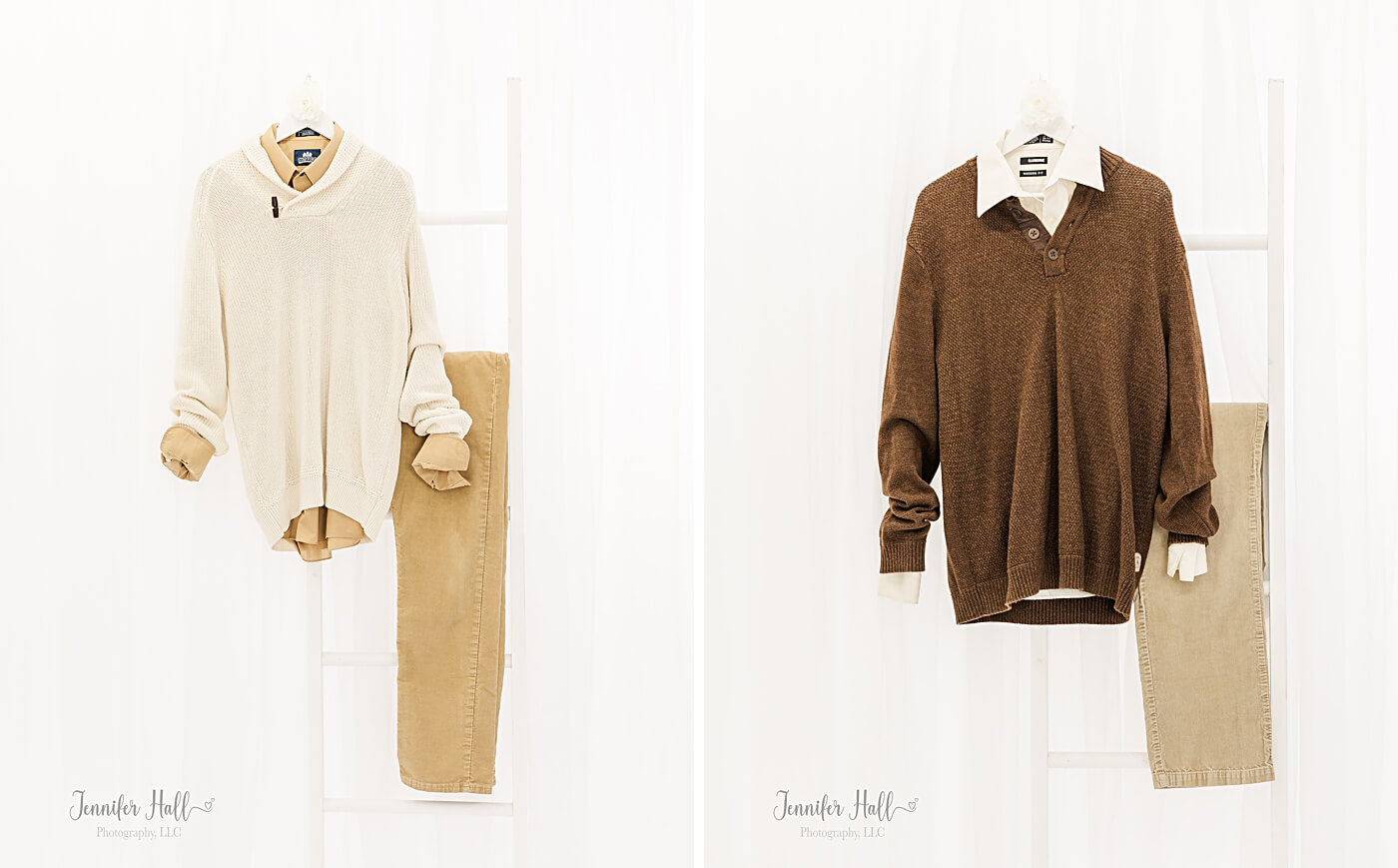 Beige sweater, and a brown sweater to show clothes teen boys should wear for family pictures.