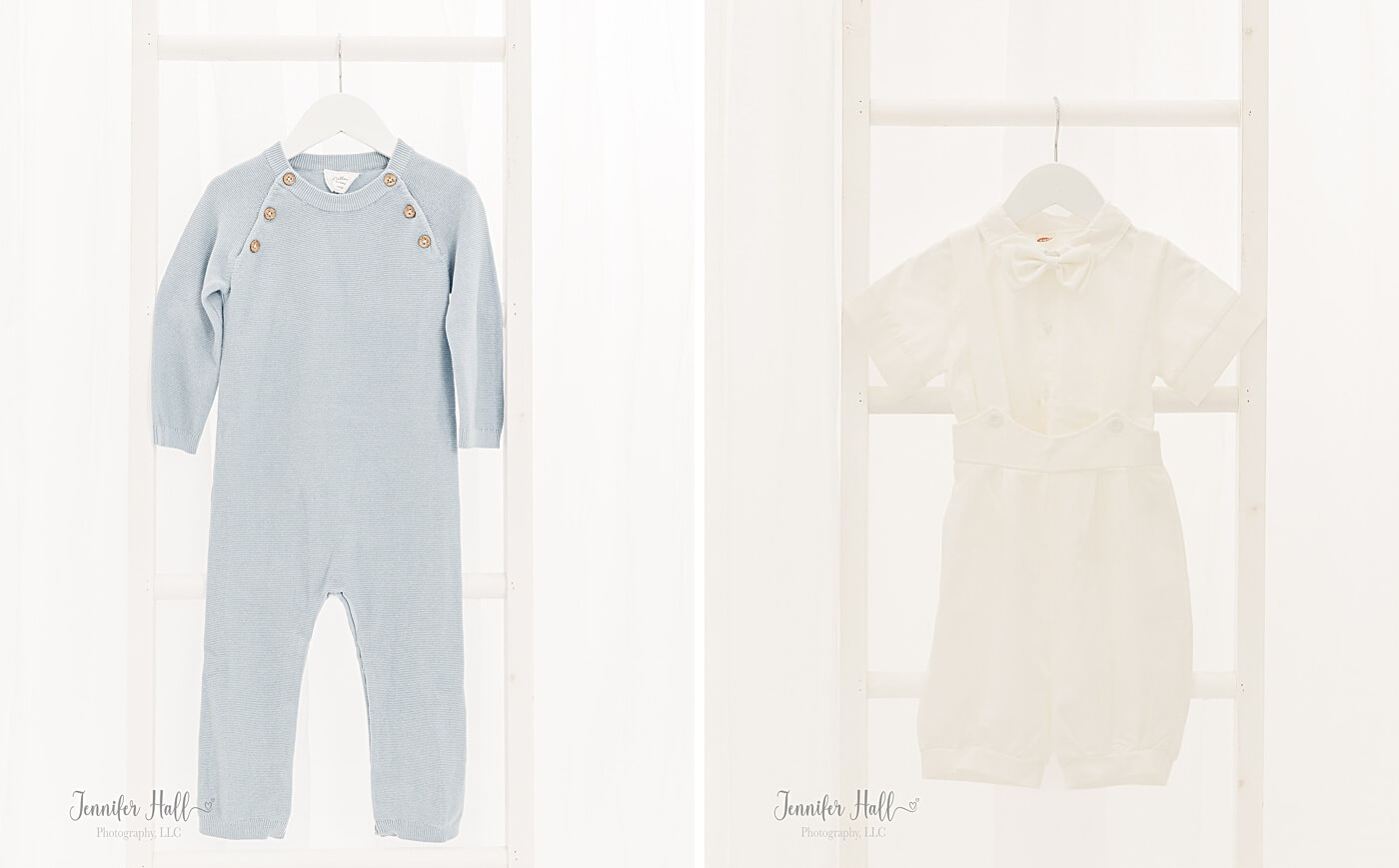 Blue knit romper hanging up, and a solid white collared shirt on a ladder.