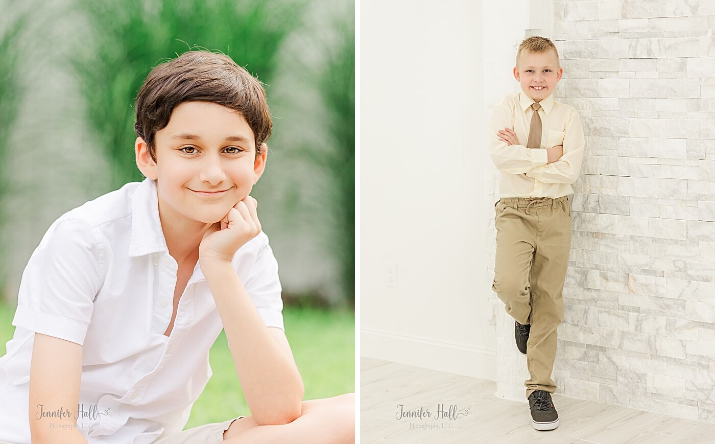 Older boy with a white shirt sitting, and an older boy with a tan tie standing.