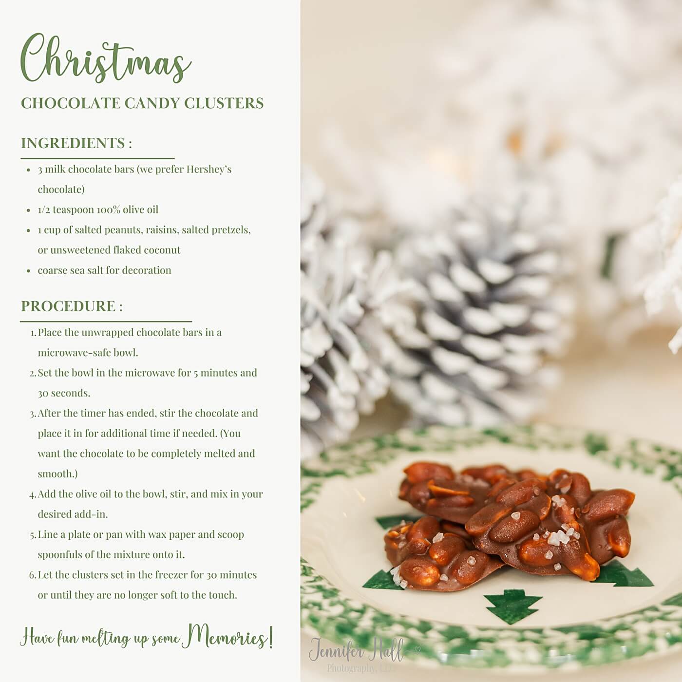 Christmas chocolate candy clusters recipe with the ingredients, procedure, and a picture of one.