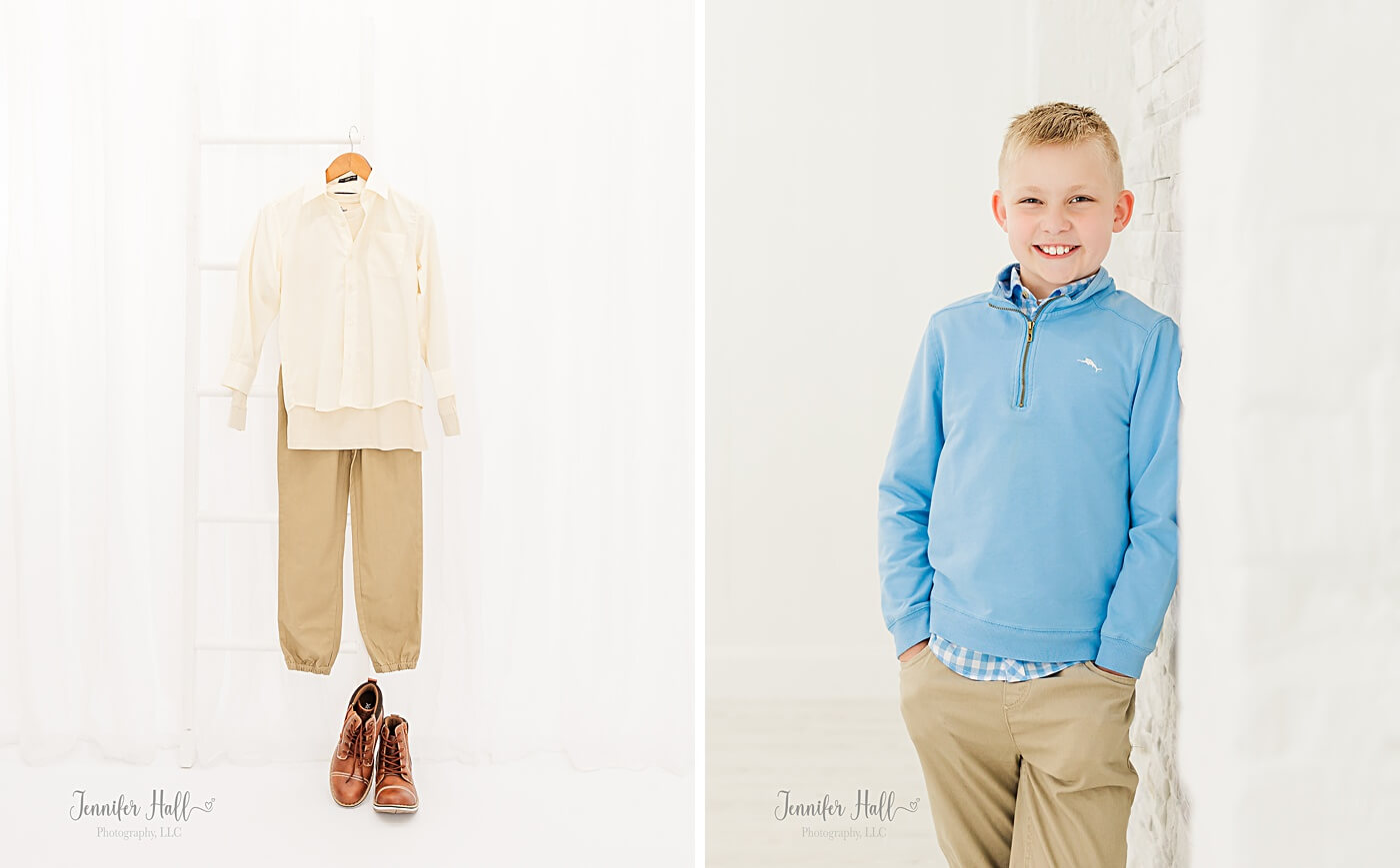 Cream collared shirt hanging, and an older boy with a light blue pullover standing.