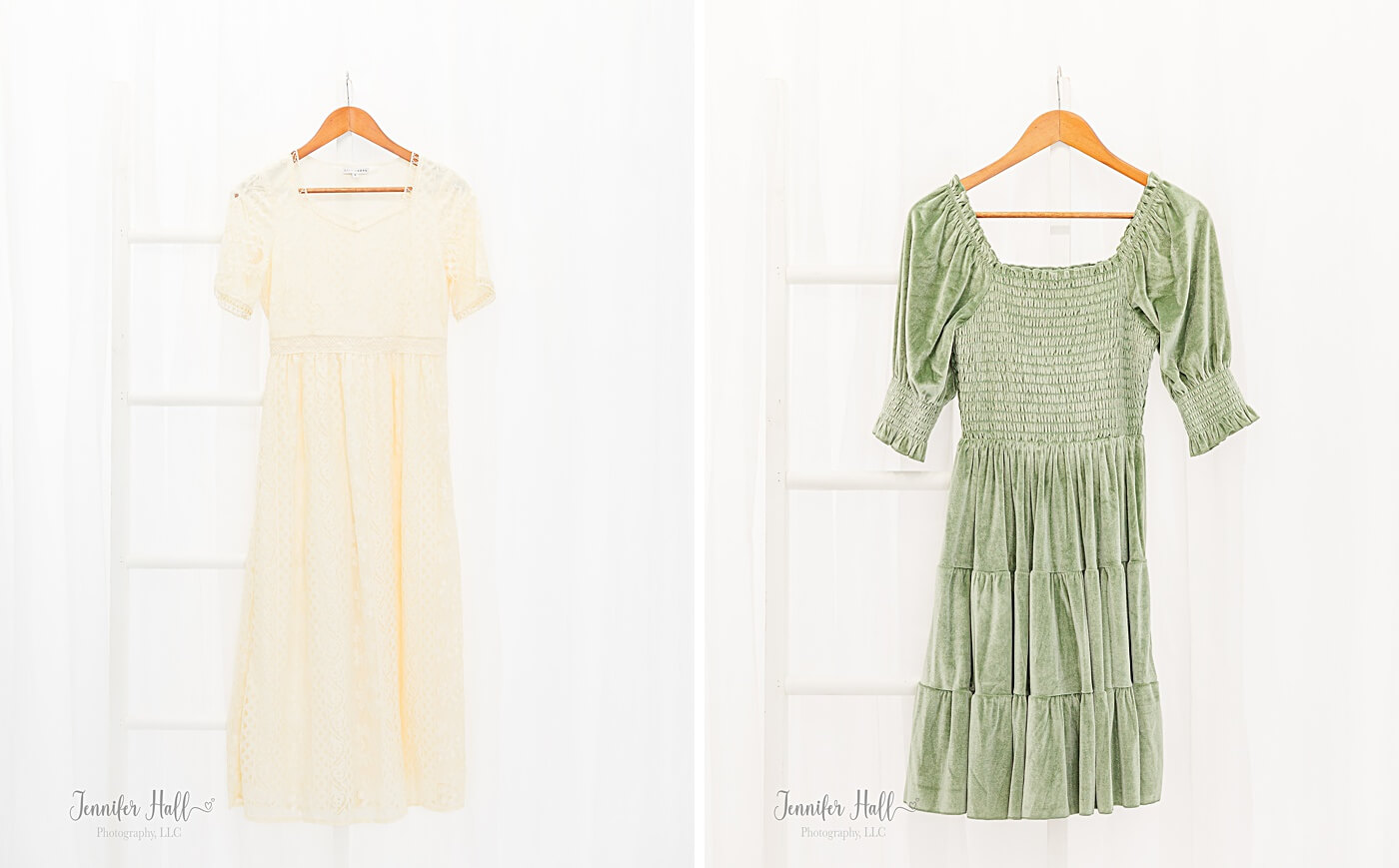 Cream dress, and a sage dress to show teen girls’ clothing ideas for family pictures.