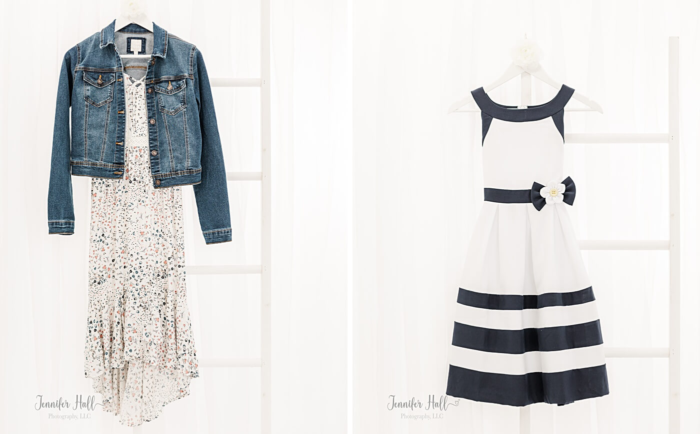 Dress with a jean jacket hanging, and a dress on a ladder.