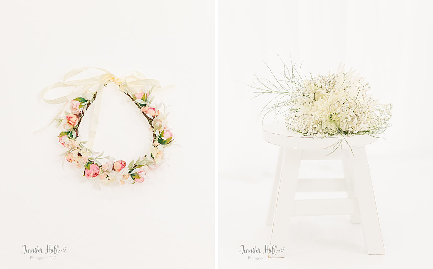 Flower crown, and flowers on a stool to show older girls’ accessories for family pictures.