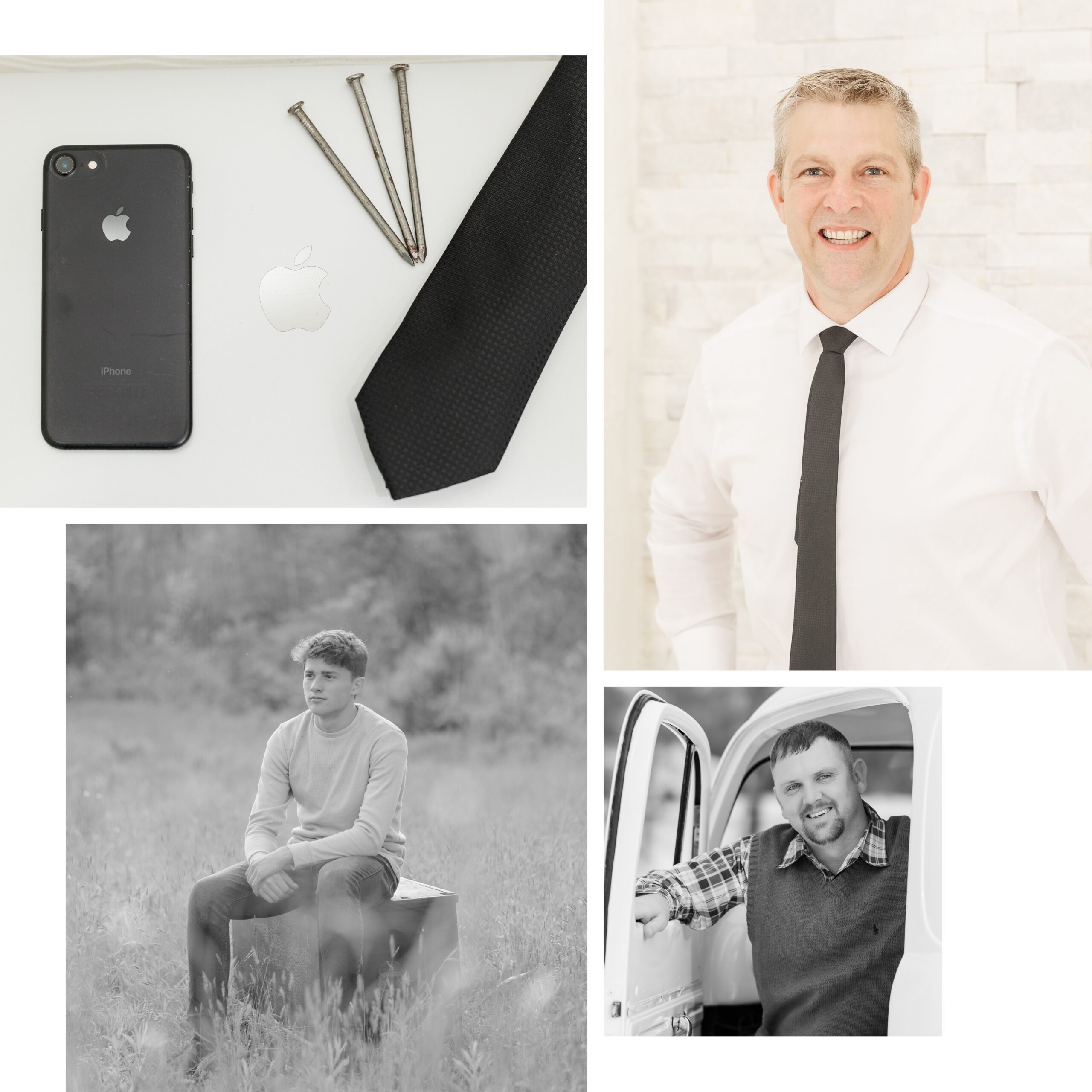 Men, a senior boy, and electronics with a tie to show photo styling tips.