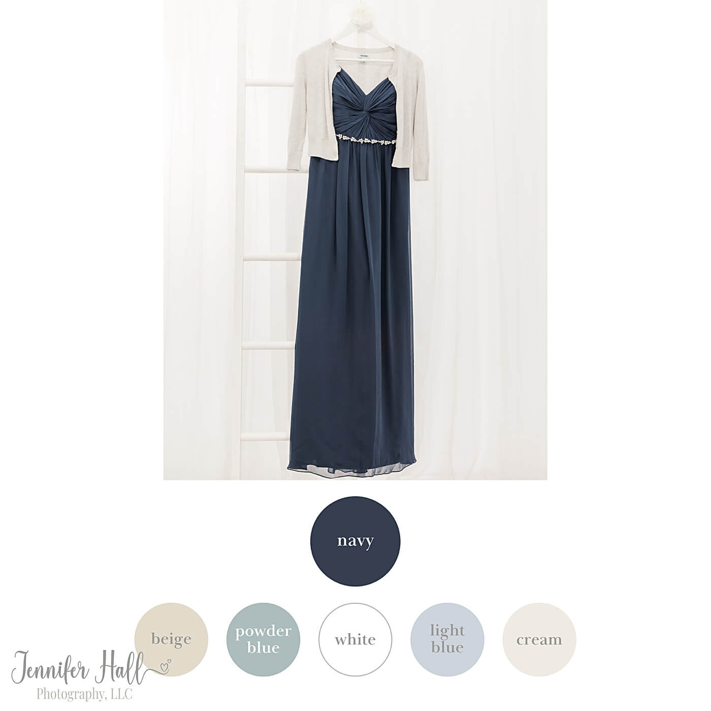 Navy dress with color palette dots to show how to coordinate family outfits for portraits.