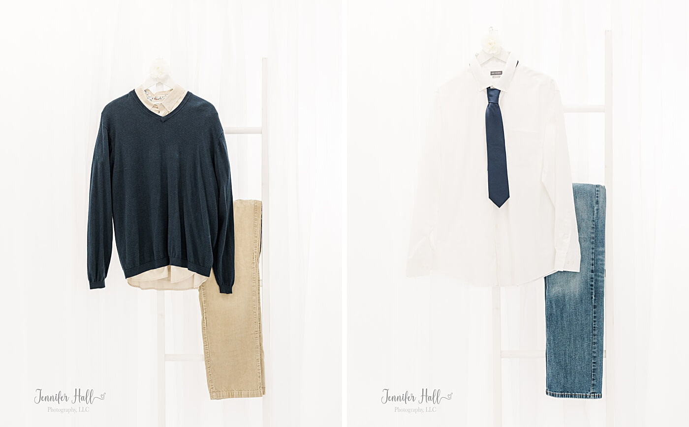 Navy sweater on a white hanger, and a solid white collared shirt hanging up indoors.