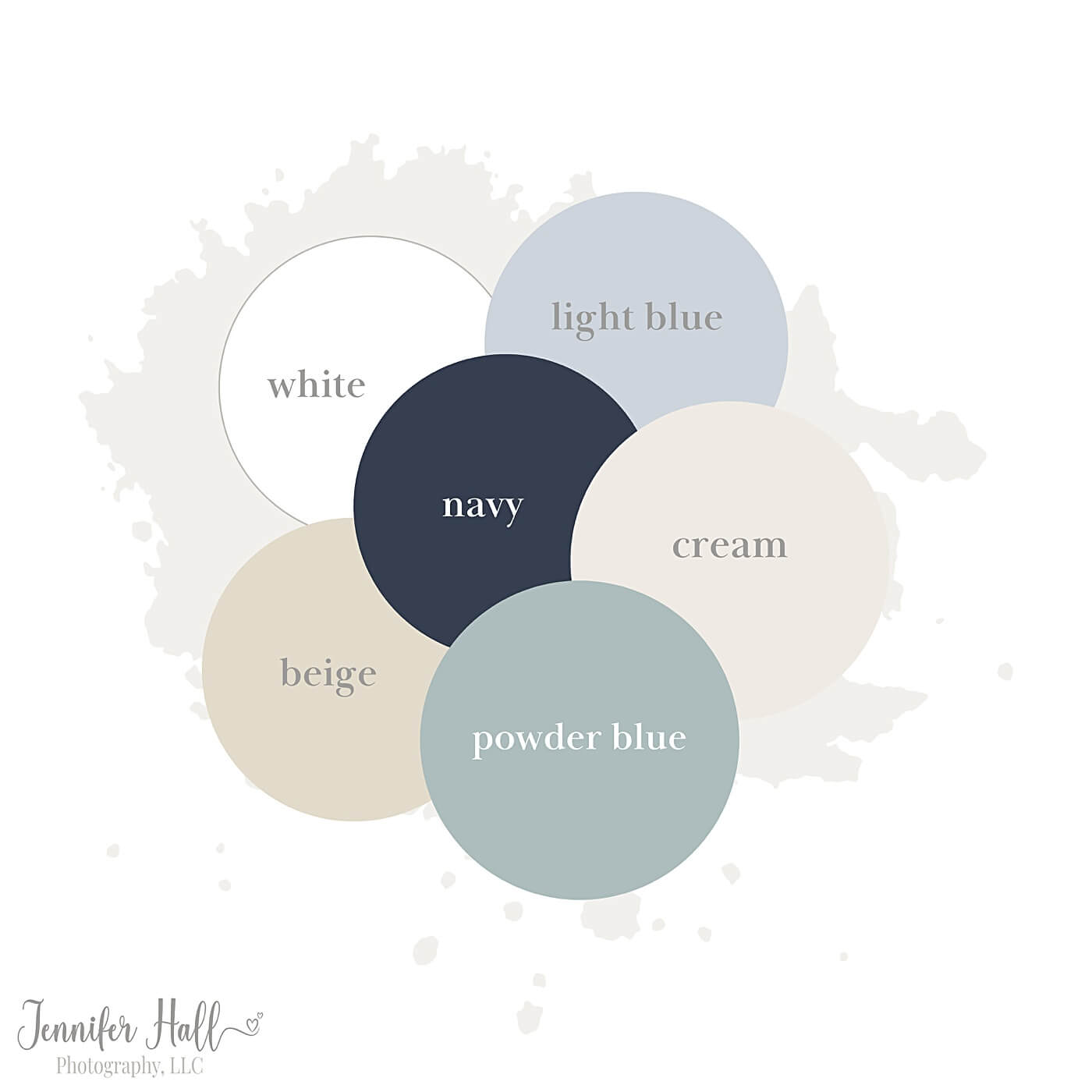 Navy, white, and blue color palette dots for a family portrait outfit coordination example.