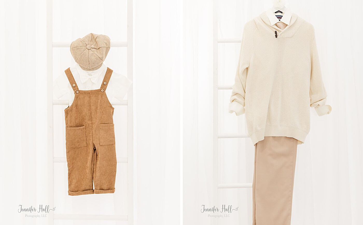 Overalls with a newsboy cap on a ladder, and a beige sweater on a hanger.