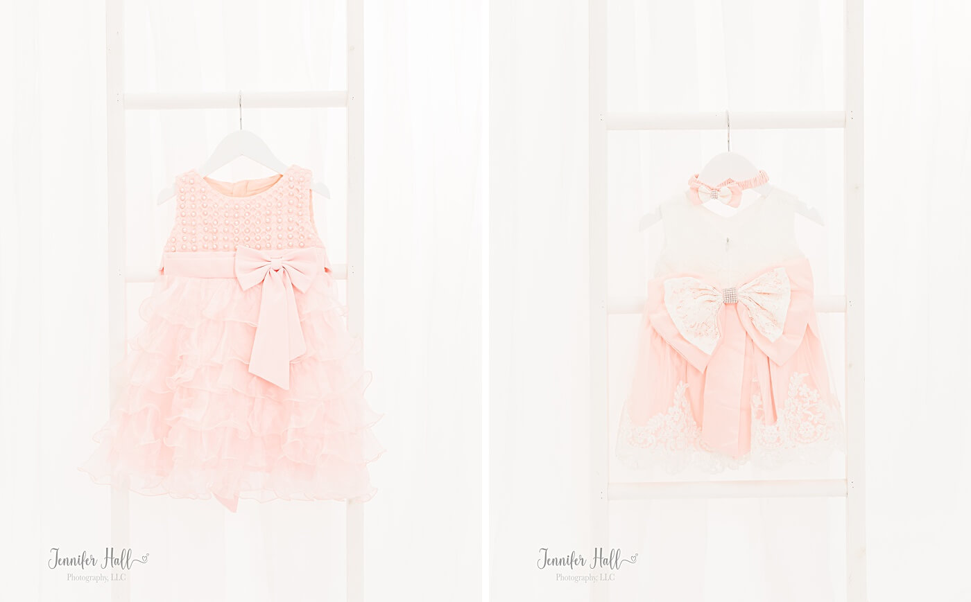 Ruffled dress hanging up, and a dress with a big bow on a ladder.