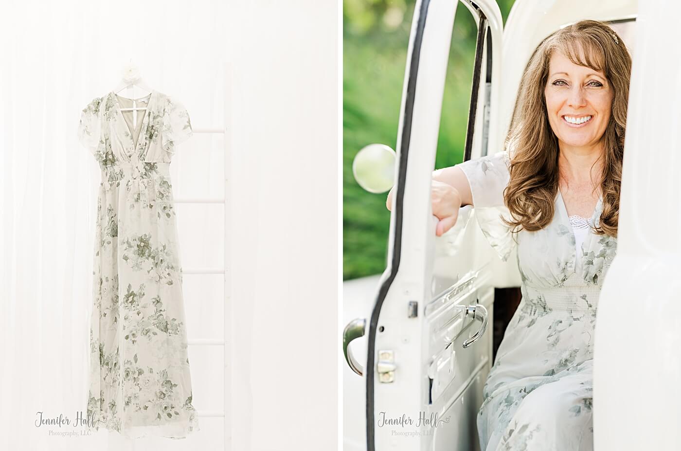 Sage, cream dress on a white wooden hanger, and a woman wearing it outdoors.