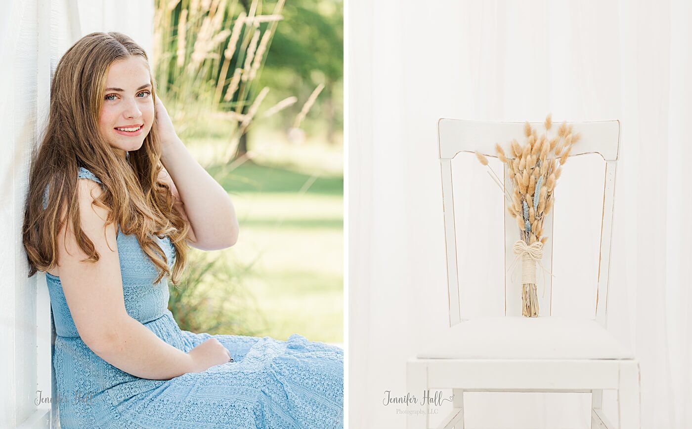 Senior girl sitting and smiling, and an ornamental grass bouquet sitting on a chair.