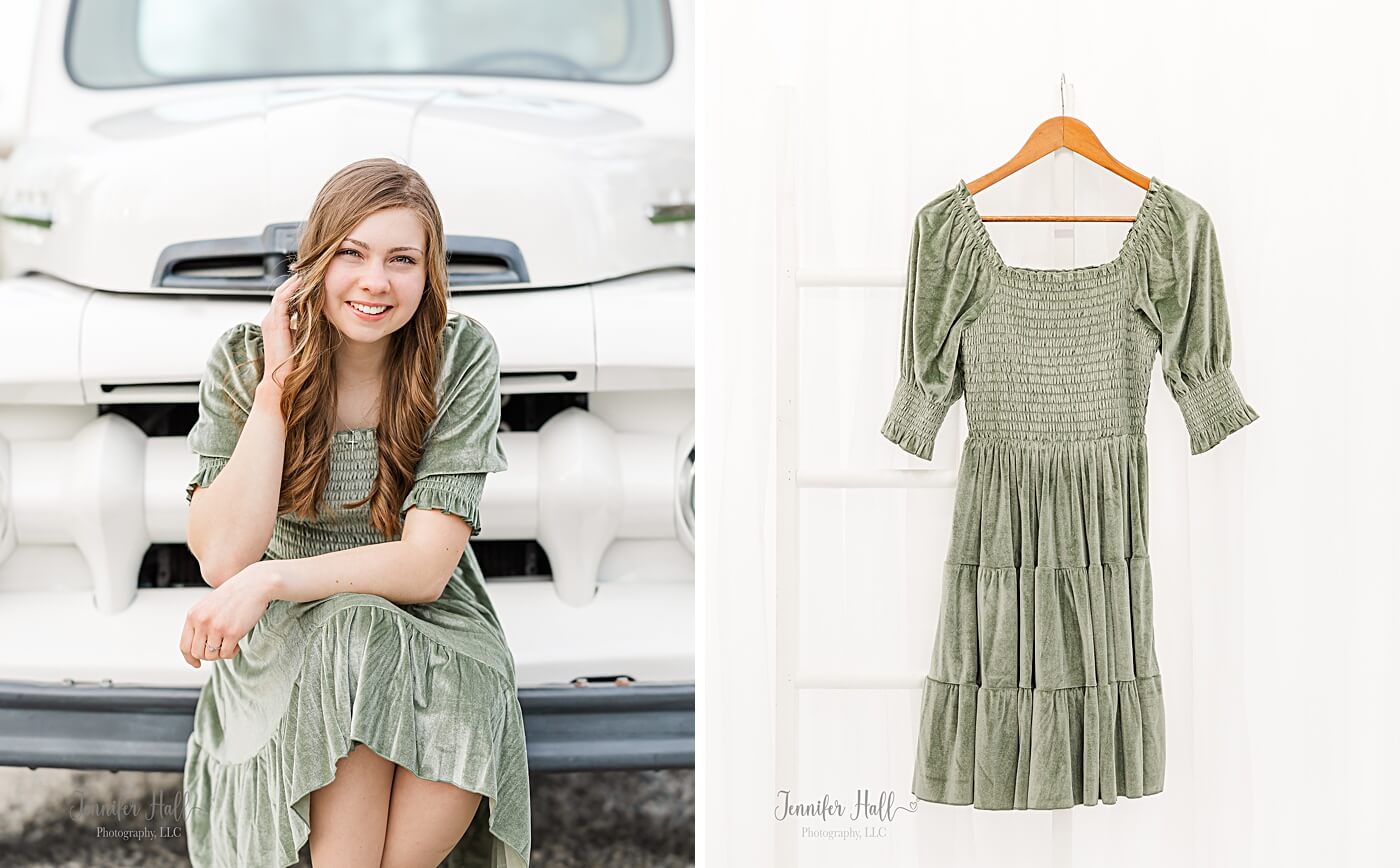 Senior girl wearing a dress, and the dress hanging up on a ladder.