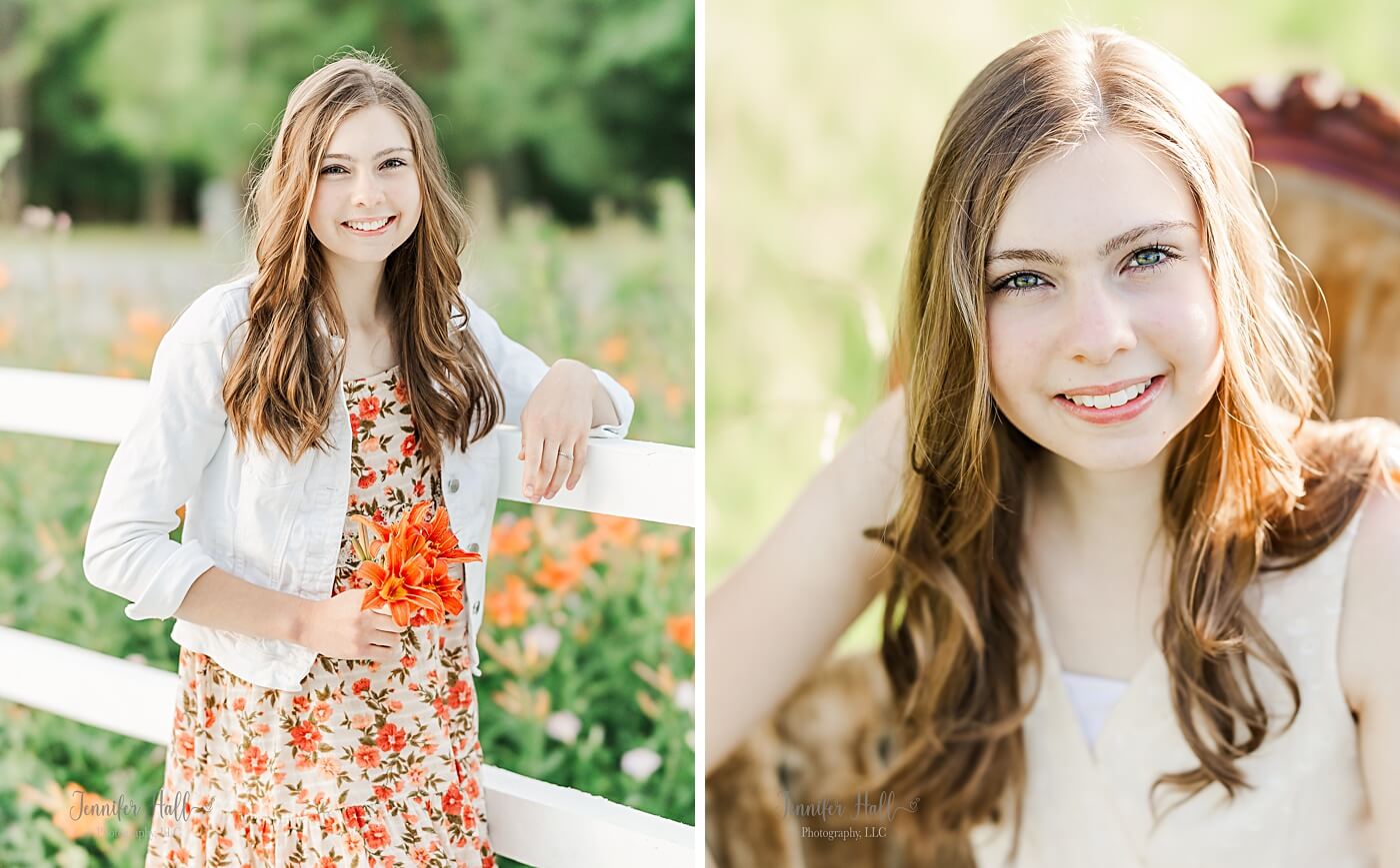 Teen girl standing, and the teen girl sitting on a beige couch.