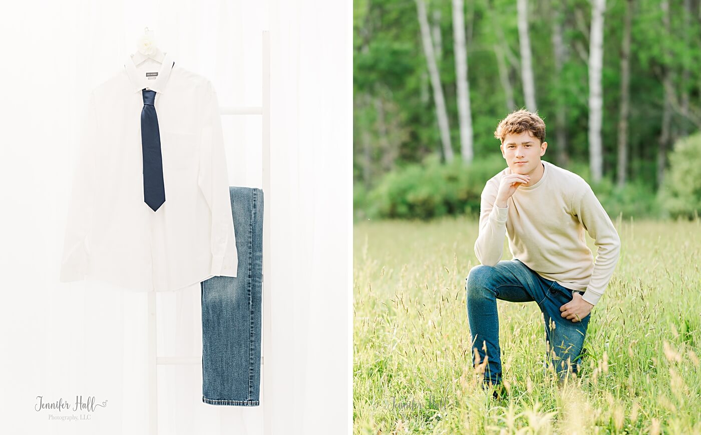 White shirt, and a senior boy with a beige shirt kneeling.