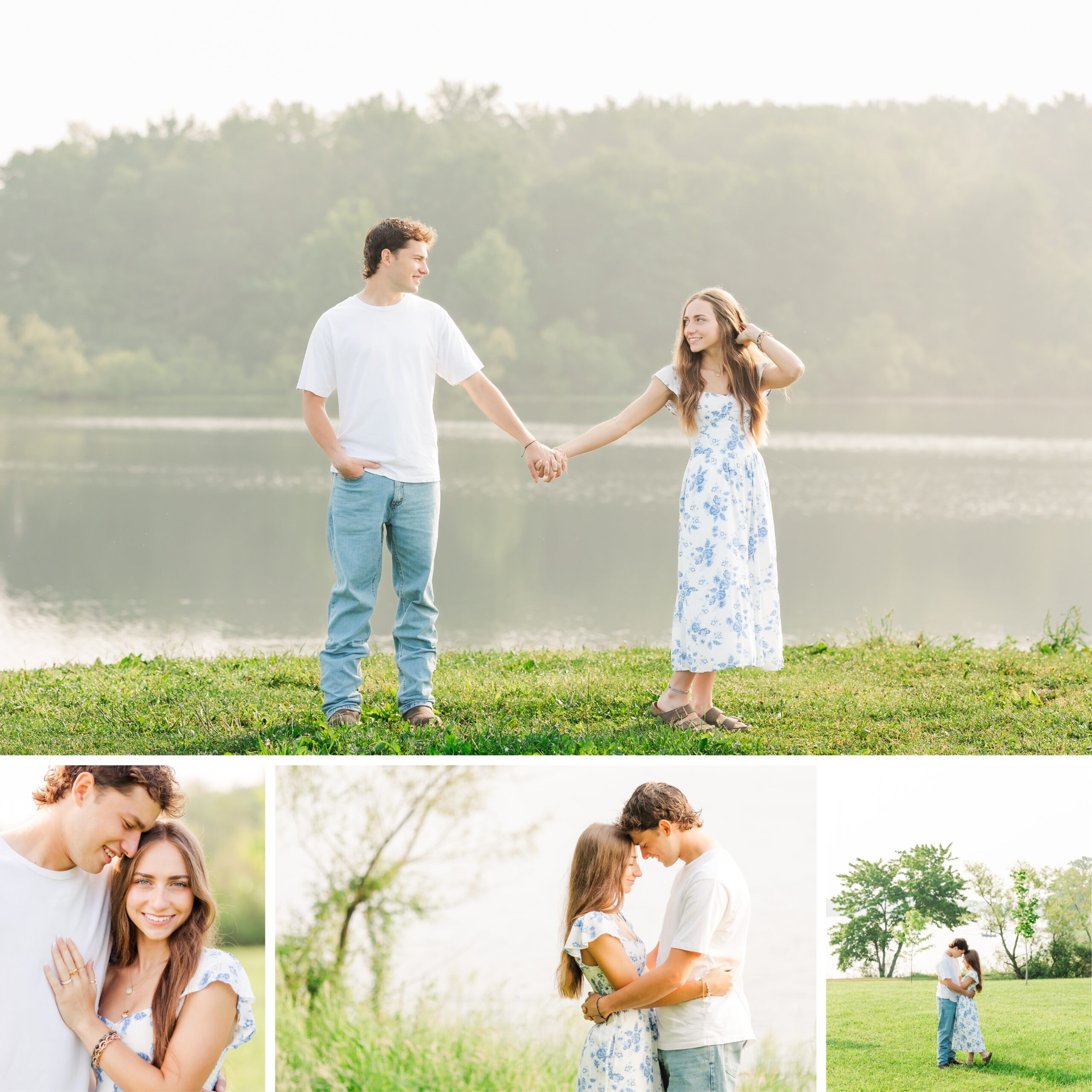 Boy and girl smiling for Howard Eaton Reservoir in North East, PA, couple’s photos.